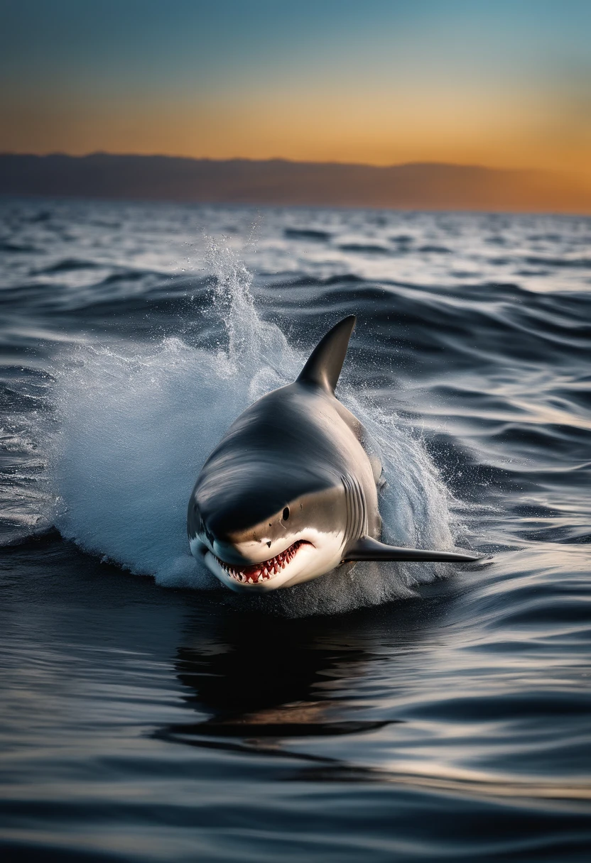 a shark breaching water but the water is very calm and still. Super realistic. National geographic style