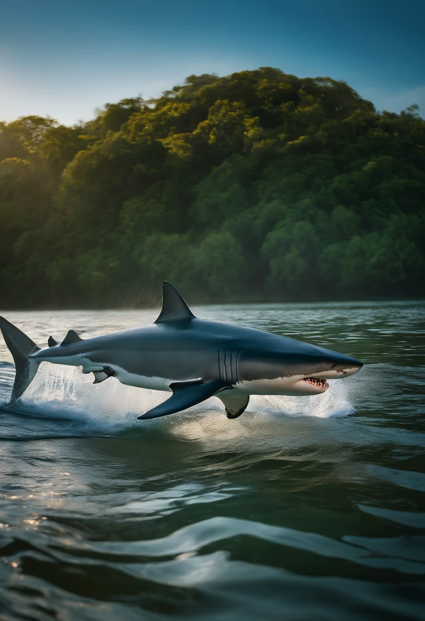 a shark breaching water but the water is very calm and still. Super realistic. National geographic style