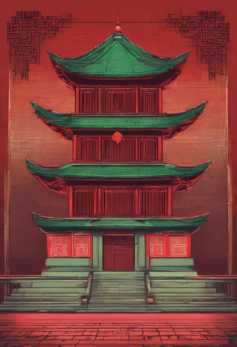 A temple with red walls and green tiles,There is a statue of a grandmother,China-style