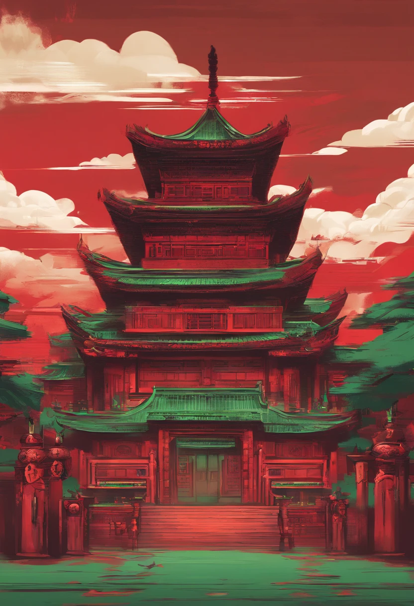 A temple with red walls and green tiles，There is a statue of a grandmother，China-style