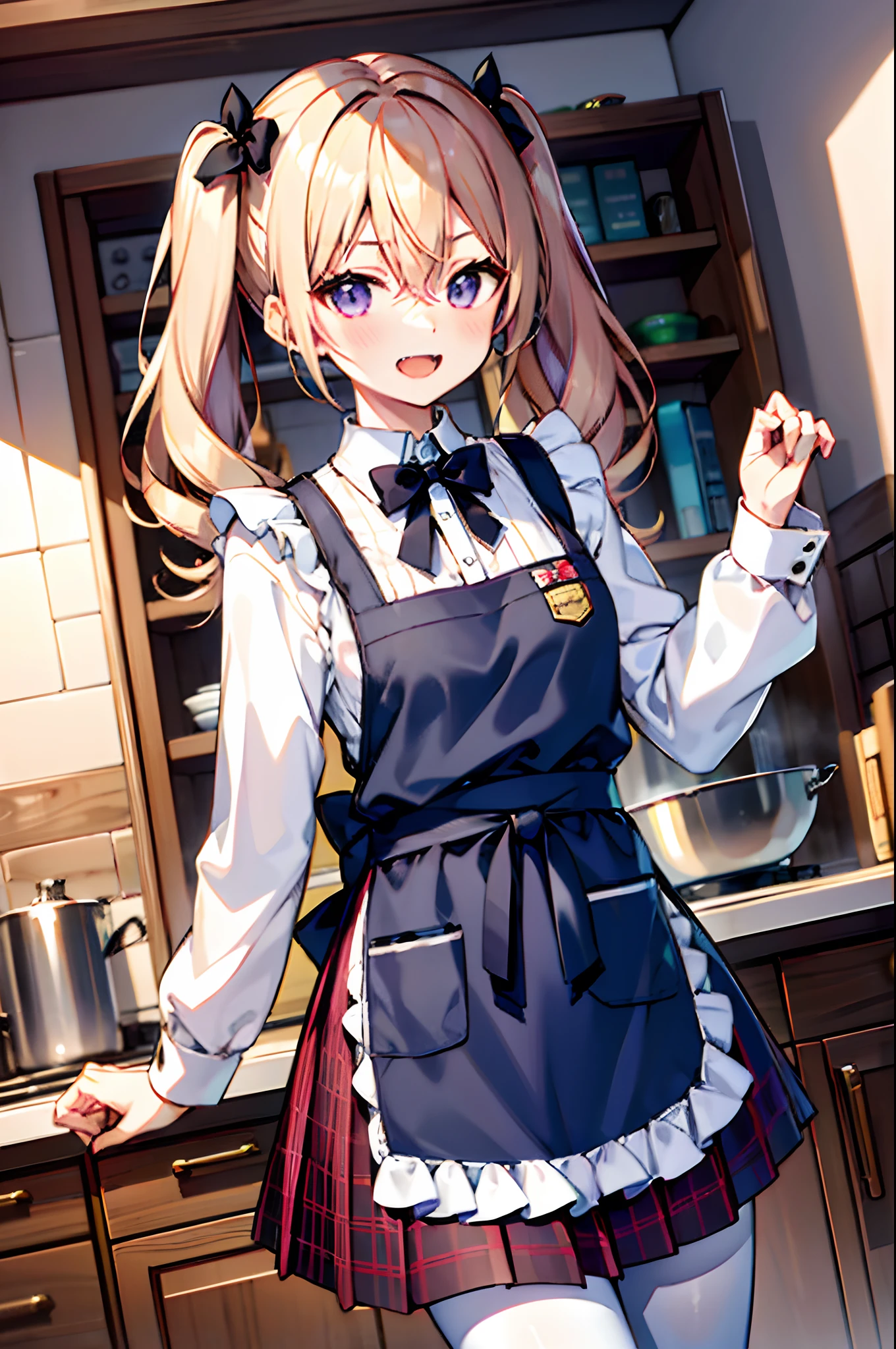 1girl, purple eyes, pantyhose, blush, long hair, twintails, plaid skirt, bow, solo focus, brown hair, bangs, hair between eyes, blue bow, open mouth,  smile, indoors,  fang, kitchen hood,very long hair, plaid bow, breasts, sleeves past wrists, blonde hair, housewife, apron, waist apron, fangs, maid, short pleated skirt