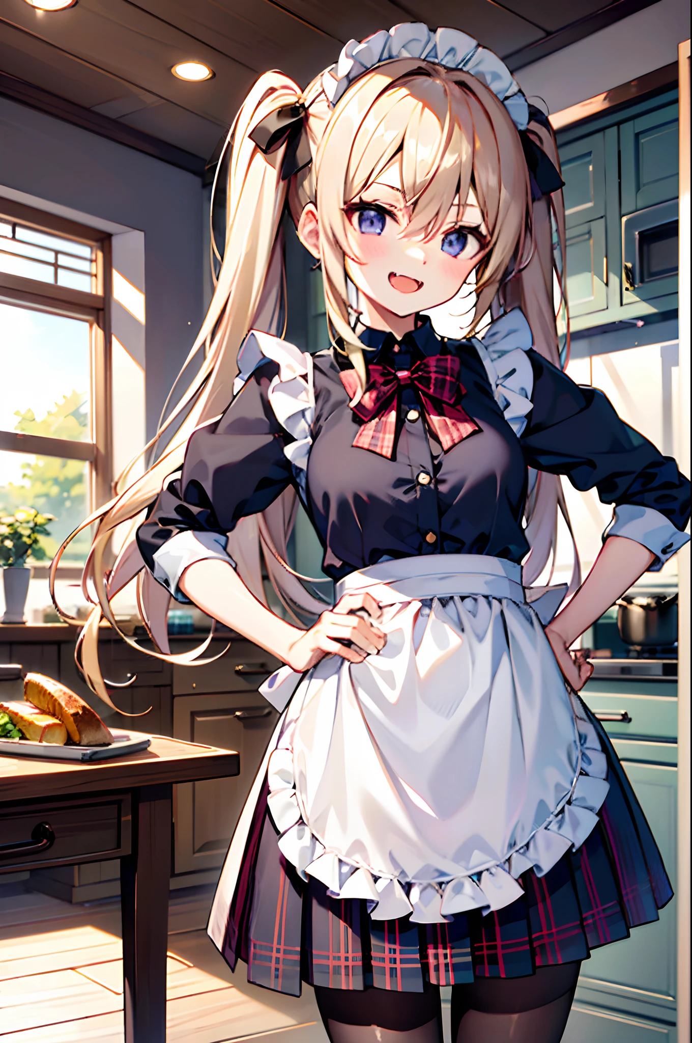 1girl, purple eyes, pantyhose, blush, long hair, twintails, plaid skirt, bow, solo focus, brown hair, bangs, hair between eyes, blue bow, open mouth,  smile, indoors,  fang, kitchen hood,very long hair, plaid bow, breasts, sleeves past wrists, blonde hair, housewife, apron, waist apron, fangs, maid, short pleated skirt