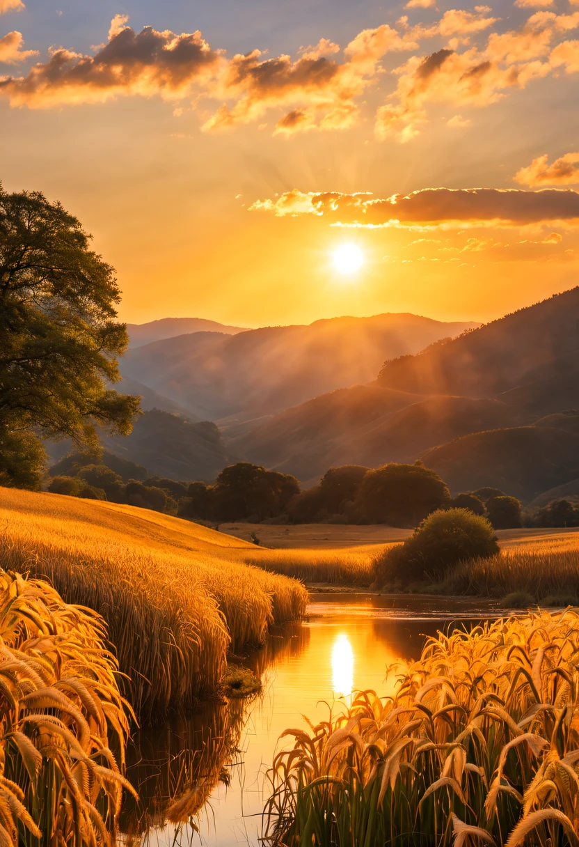 dia ensolarado, com um campo de trigo e montanhas ao fundo, o trigo reflete a luz vinda do sol