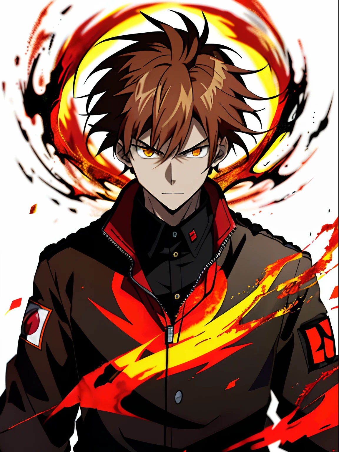 Anime characters with brown hair in a black shirt，Red jacket and yellow flame,  key anime art, Hajime Yatati, male anime character