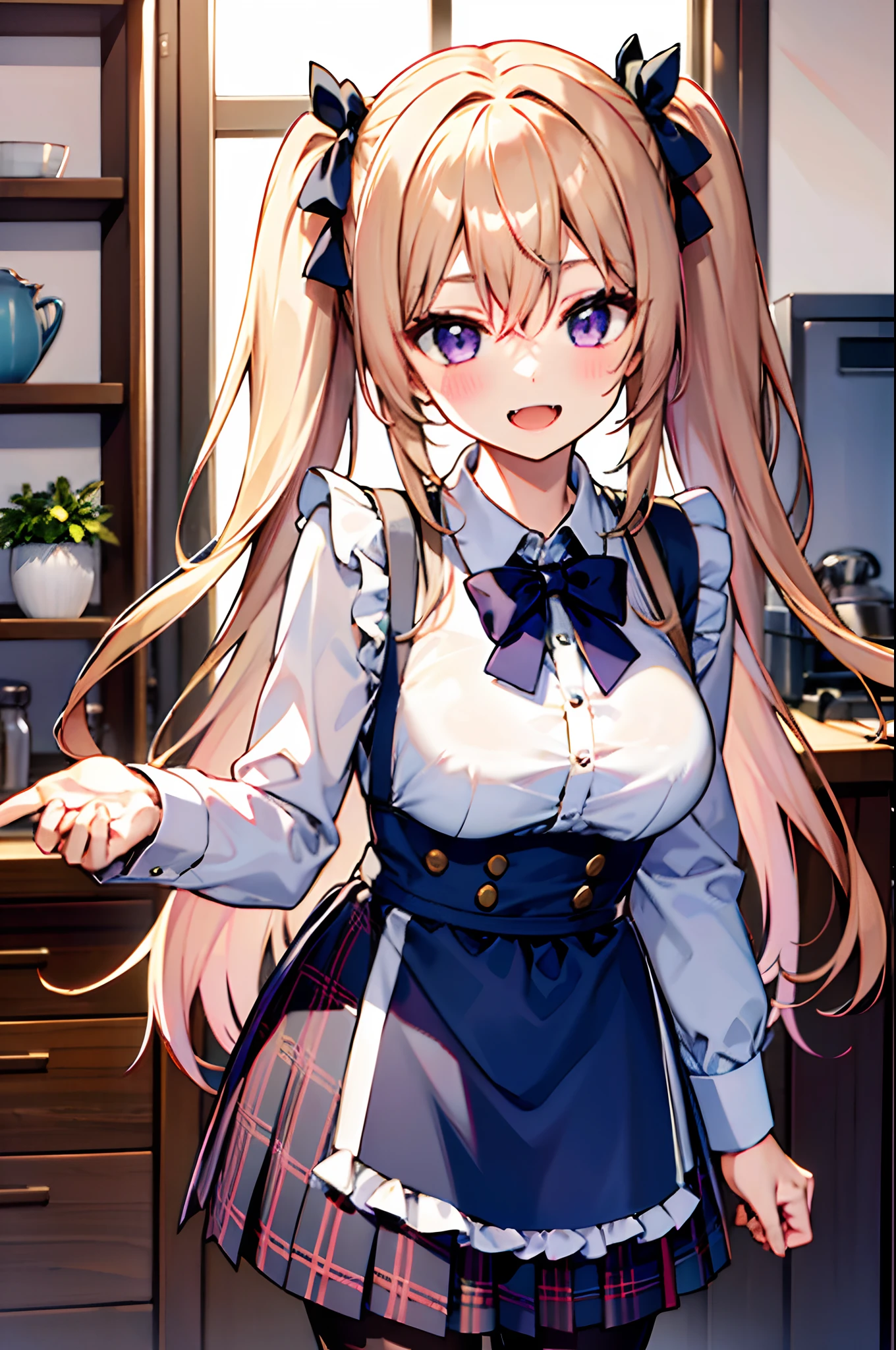 1girl, purple eyes, pantyhose, blush, long hair, twintails, plaid skirt, bow, solo focus, brown hair, bangs, hair between eyes, blue bow, open mouth,  smile, indoors,  fang, kitchen hood,very long hair, plaid bow, breasts, sleeves past wrists, blonde hair, housewife, apron, waist apron, fangs, maid, short pleated skirt