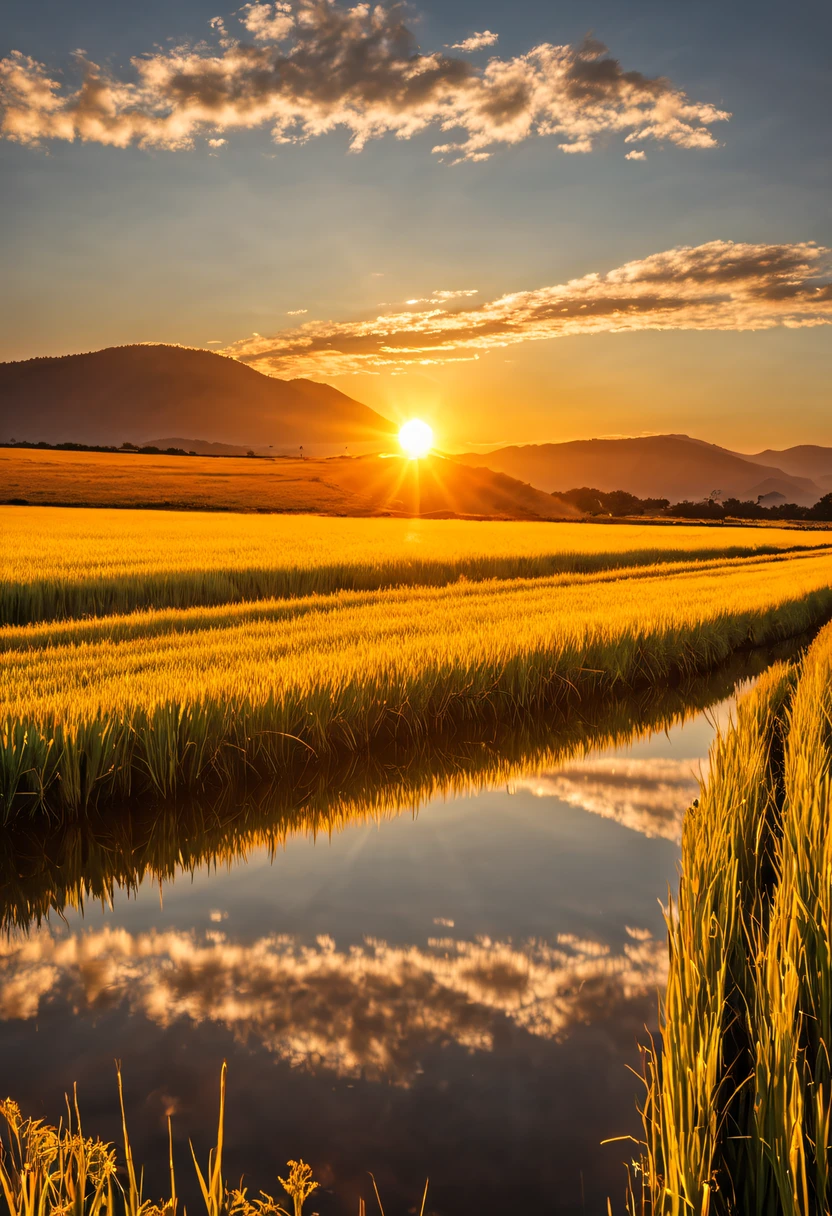 dia ensolarado, com um campo de trigo e montanhas ao fundo, o trigo reflete a luz vinda do sol