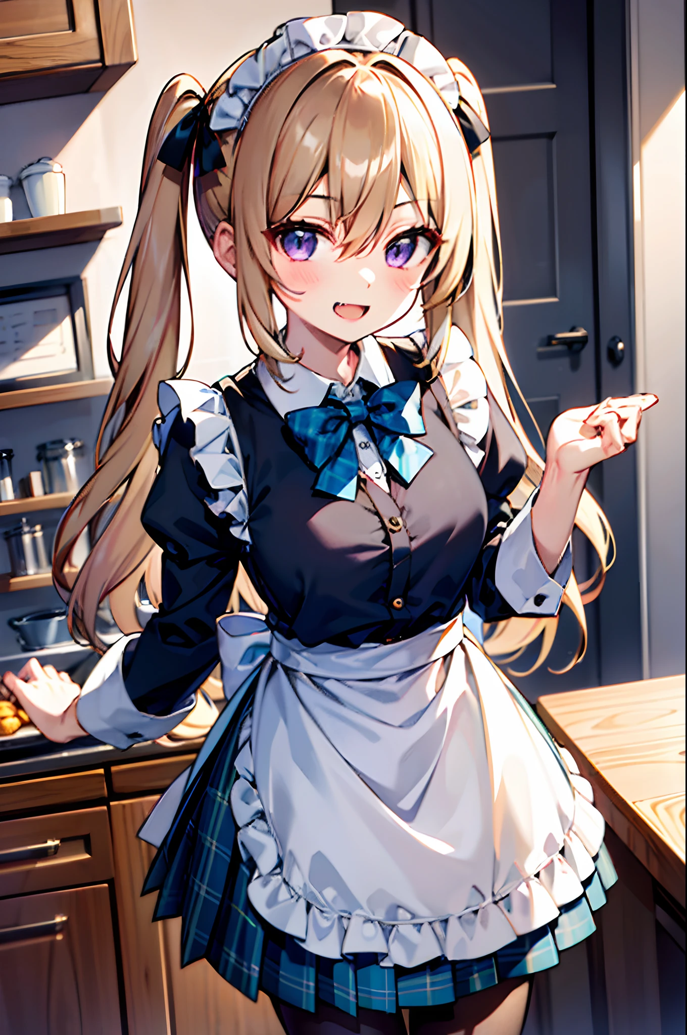 1girl, purple eyes, pantyhose, blush, long hair, twintails, plaid skirt, bow, solo focus, brown hair, bangs, hair between eyes, blue bow, open mouth,  smile, indoors,  fang, kitchen hood,very long hair, plaid bow, breasts, sleeves past wrists, blonde hair, housewife, apron, waist apron, fangs, maid, short pleated skirt