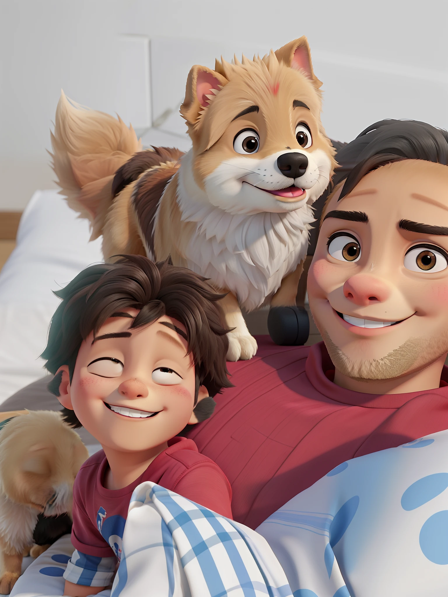 pai, Son and dog breed spitz, na cama sorrindo, cachorro lambendo testa do pai. imagem semelhante a foto