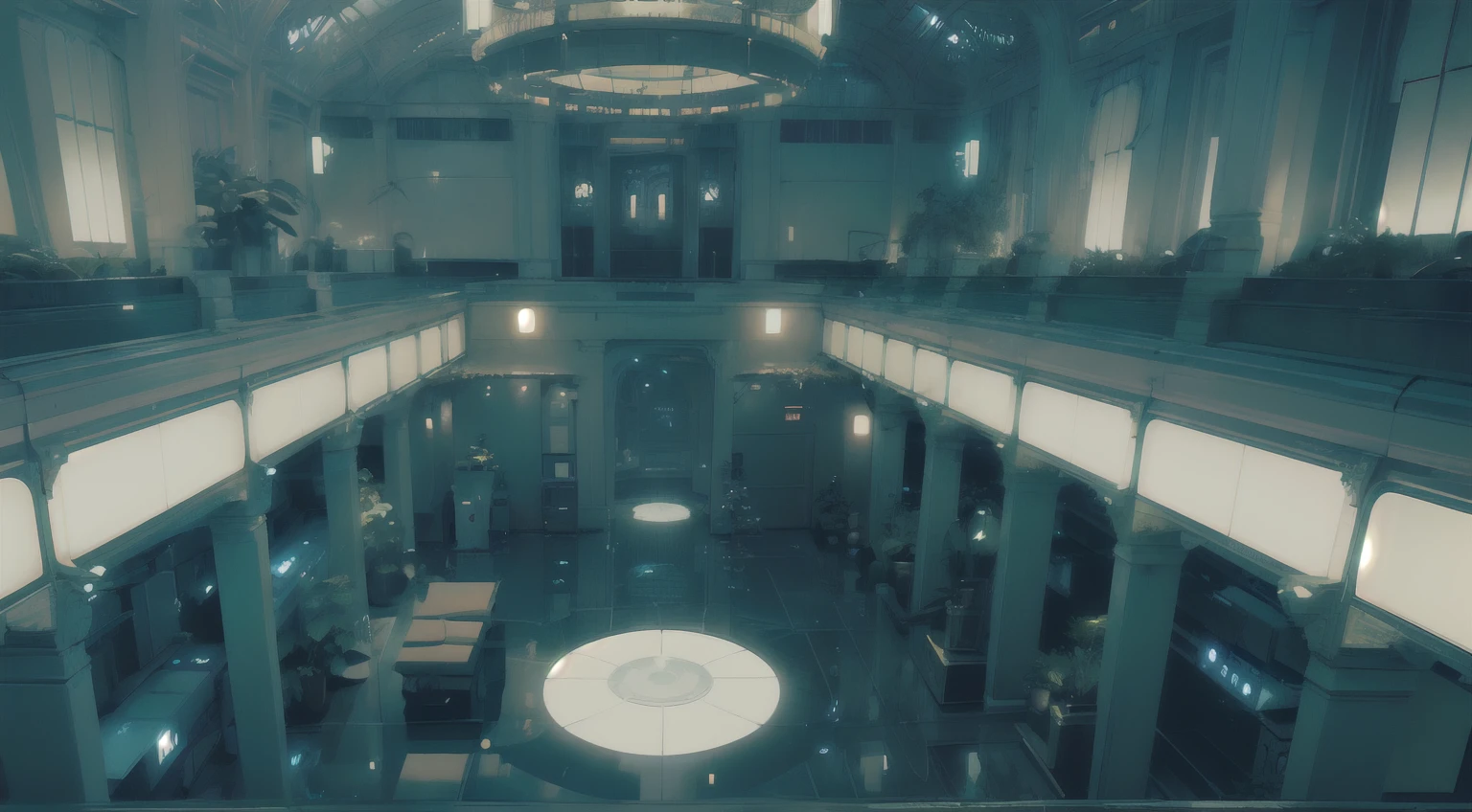 (Greenhouse),(Urbanized interior),(High, gigantic ceiling, high greenhouse),(Cybernetic data center),(Data control center, long corridor, polished stone floor, very high glass ceiling, lets in daylight), (Along arched walls - semicircular niches, cybernetic gothic), (server equipment in the side niches, cabinets with electronics, wires curling to the floor), (along the corridor there is exotic - alien vegetation (fern type - tropical species), vegetation is located along the walls, in massive cubic pots, Art Nouveau style). High under the ceiling are computer spheres, an artificial organism connected by many wires to server cabinets in the walls. The building is filled with a large number of plants, the greenhouse-data center is in the style of cyberpunk, ancient Gothic, and looks very modern. White and black plastic, aluminum, polished artificial stone, 3D architectural printing. The walls are decorated with complex geometric patterns. White and black with gold predominate in the main color range. The general stage is in twilight. The central part of the corridor is well-lit from above by a greenhouse glass ceiling. The shiny surface of the floor reflects surrounding objects. Lots of light bulbs - electronics. (Cyberpunk, futurism), (Ghost in the Shell style, Japanese anime.
Interior lighting, neutral-white light - warm shadows, matrix geometry, and secret symbolism decorate the floor. The high Gothic forms of the walls - the atmosphere of the future, an alien highly developed civilization, in the side naves there are electronic holograms. Warm bright - contrasting light, light clear shadows, clear image of details, texture, decor (high image quality), (Clear high-quality render), (unreal engine), SD quality, 8K. Stylization Animation, RiotGames, Lucas Arts, Japanese cyberpunk anime, Blade Runner. Sh.R. Giger "Alien".