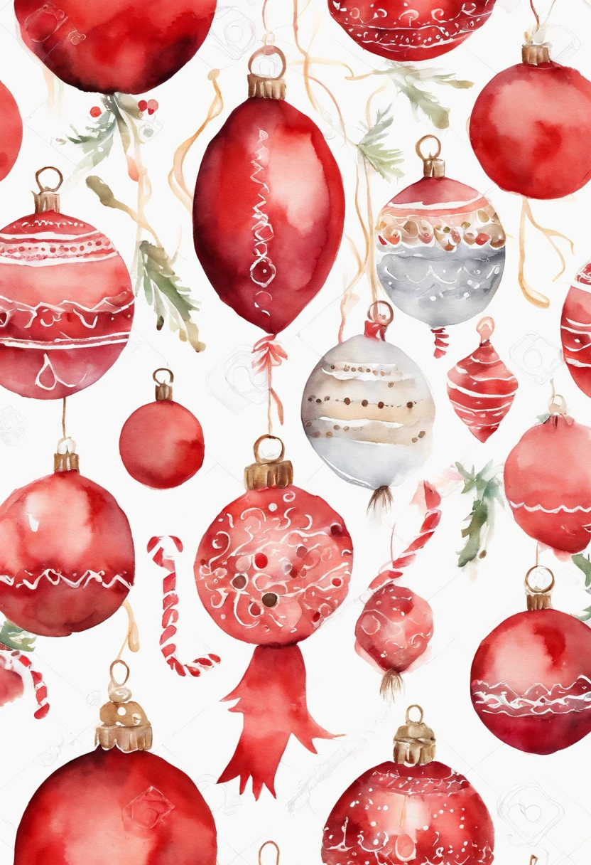 Red christmas decoration pattern with ribbon on white background, Watercolor drawing. Red Christmas Ball, holiday season, Stacia Burlington Style, watercolour, soft colour, Serene face, a closeup of a, Vintage images
