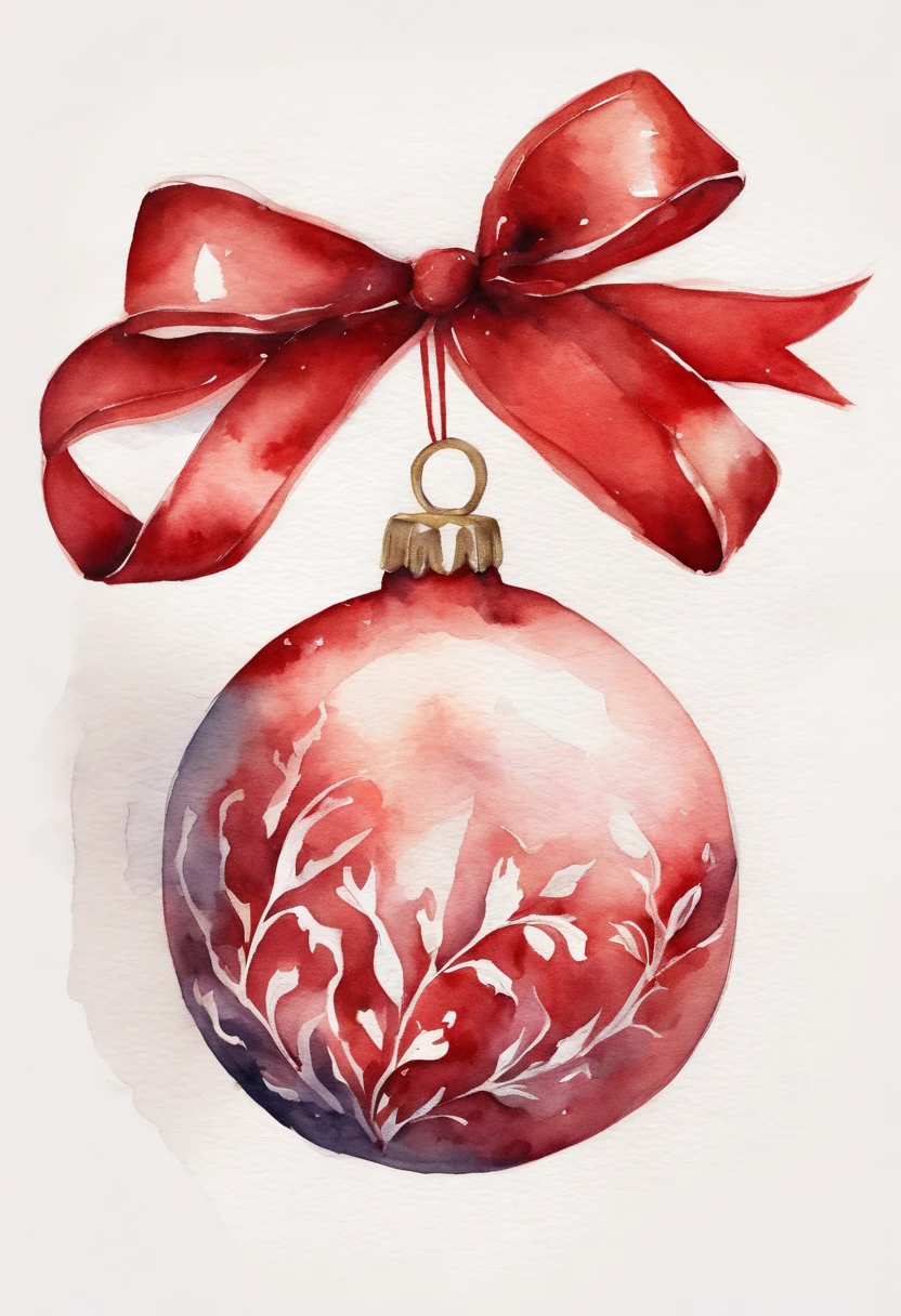 Red christmas decoration pattern with ribbon on white background, Watercolor drawing. Red Christmas Ball, holiday season, Stacia Burlington Style, watercolour, soft colour, Serene face, a closeup of a, Vintage images