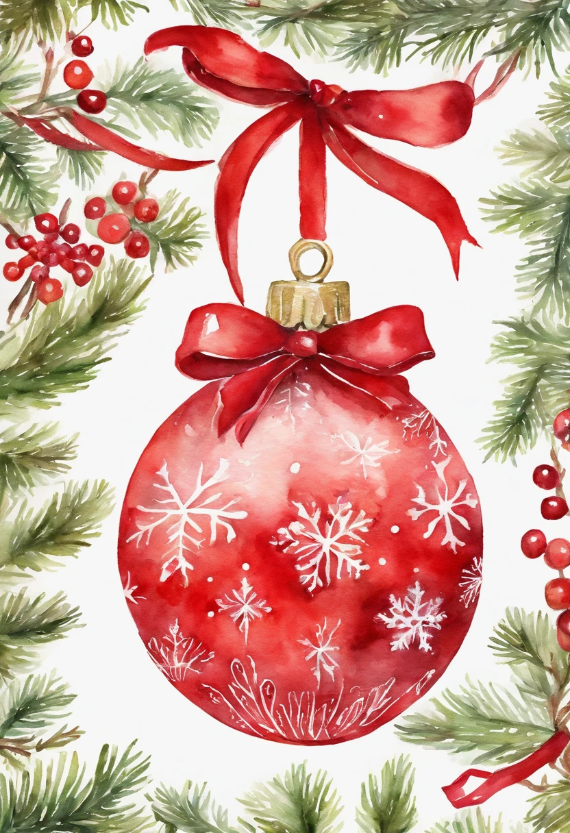 Red christmas decoration pattern with ribbon on white background, Watercolor drawing. Red Christmas Ball, holiday season, Stacia Burlington Style, watercolour, soft colour, Serene face, a closeup of a, Vintage images
