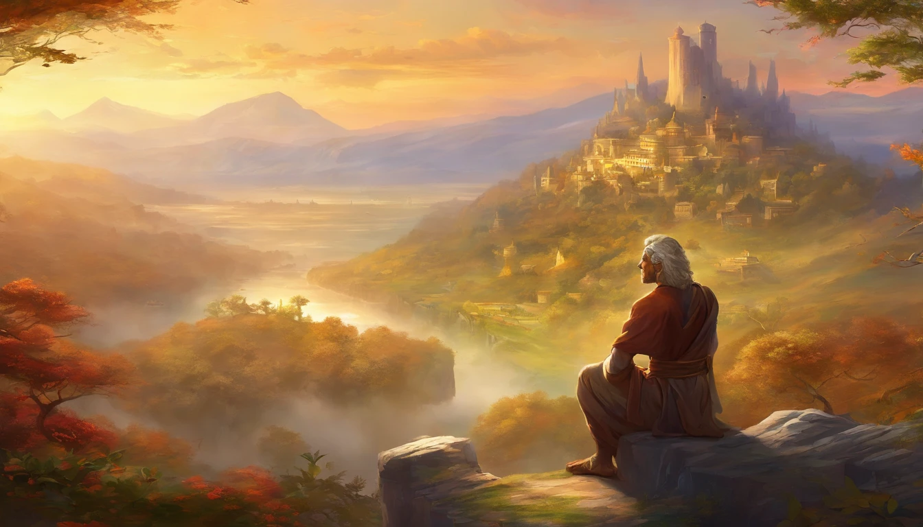 Visualize an impressive and inspiring high-resolution scene. In the image, you will see a stoic man with a remarkable appearance of strength and self-control. He is at the center of the image and exudes an aura of serenity and confidence. This stoic man has an upright posture, broad shoulders, and a calm countenance, as if he is in deep thought. He wears simple and timeless clothing that reflects his unattached lifestyle. His firm gaze and facial expression convey a sense of determination and balance. Surrounding this stoic man, there is a group of happy and radiant people. These people have a look of admiration and respect for the stoic, showing that he is a source of inspiration. They smile, laugh, and enjoy each other's company, reflecting the true happiness that comes from learning stoic lessons. Sunlight illuminates the scene, highlighting the striking features of the stoic man and creating a warm and welcoming atmosphere. The background scenery consists of a serene natural landscape with lush trees and a cloudless blue sky, conveying the idea of harmony with nature. This image conveys the powerful message that, by adopting stoic lessons, we can find true happiness and balance, regardless of external circumstances. It is a scene that inspires self-control, gratitude, and serenity, creating a captivating vision of a better life