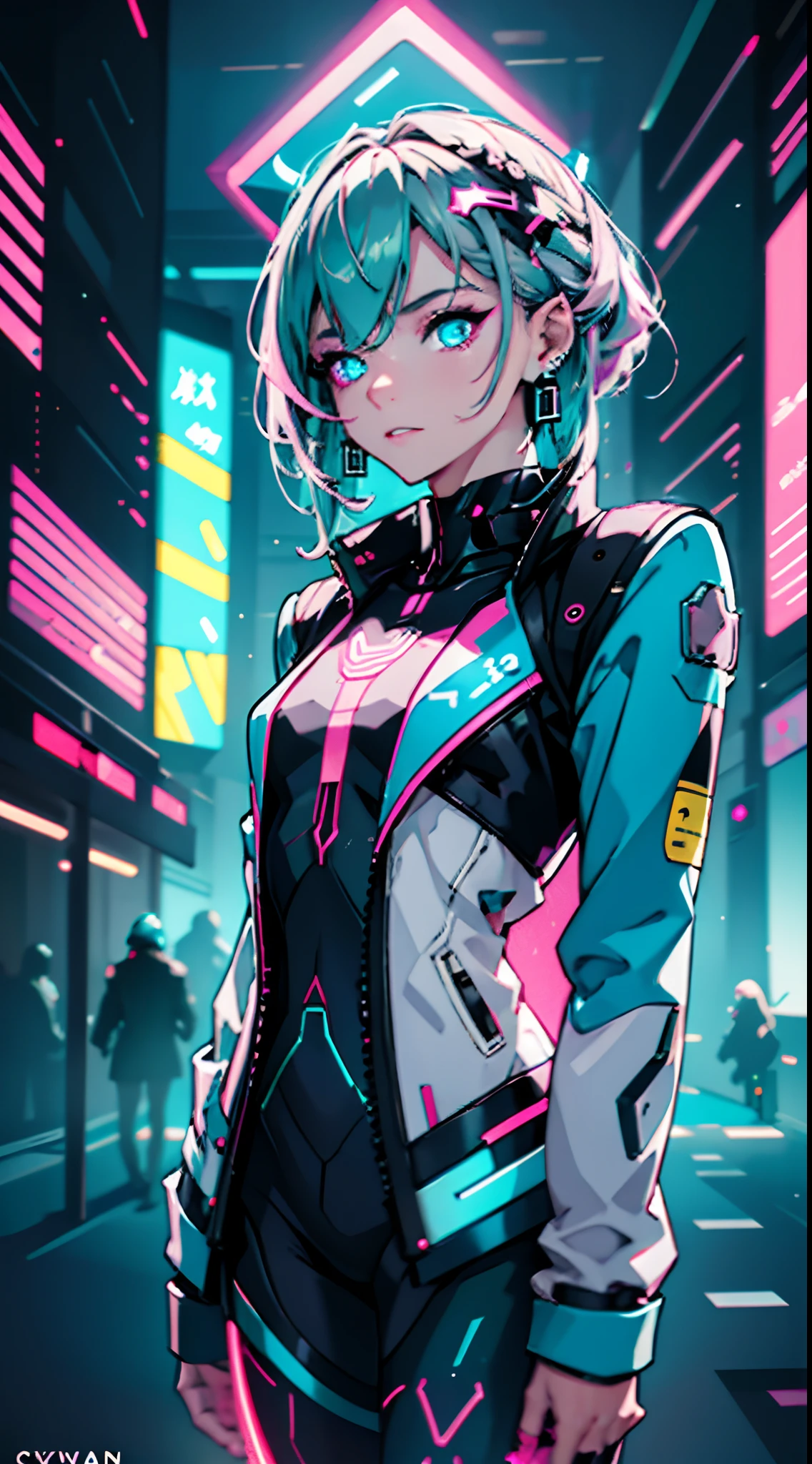 (masterpiece, best quality, night, silver hair:1.4), (cowboy shot:1.8), 8k, absurdres, beautiful girl, (wearable computer:1.6), cyberpunk, cyber goth, (cyberpunkoutfit, fluorescence pink accent, glowing pink lines on short jacket:1.4), neon, bracelets and choker, (glowing, glow, film grain, chromatic aberration:2), (asian shopping district, street, buildings, skyscraper:1.2), makeup, very small mechanical device, (cyan earrings:1.3), sharp focus, dark background, perspective, depth of field, (rain, fog, bleach bypass, HDR, facelight, sharp focus, dynamic lighting, cinematic lighting, professional shadow, extreme detailed, finely detail, real skin:0.8), (detailed eyes, sharp pupils, realistic pupils, dark back ground:0.6), (glitch effect:0.6)