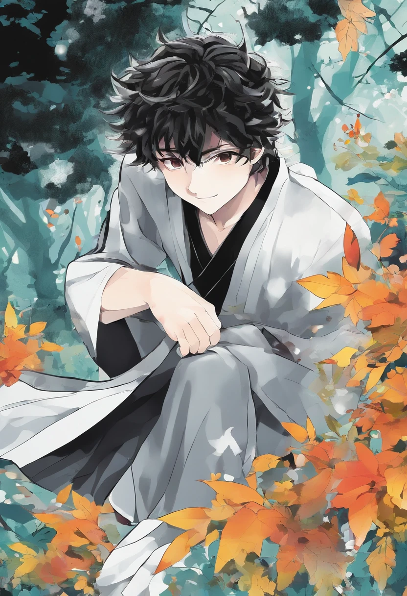 personagem masculino com cabelo amarrado preto olhos pretos corpo estetico 14 anos roupa toda preta na floresta