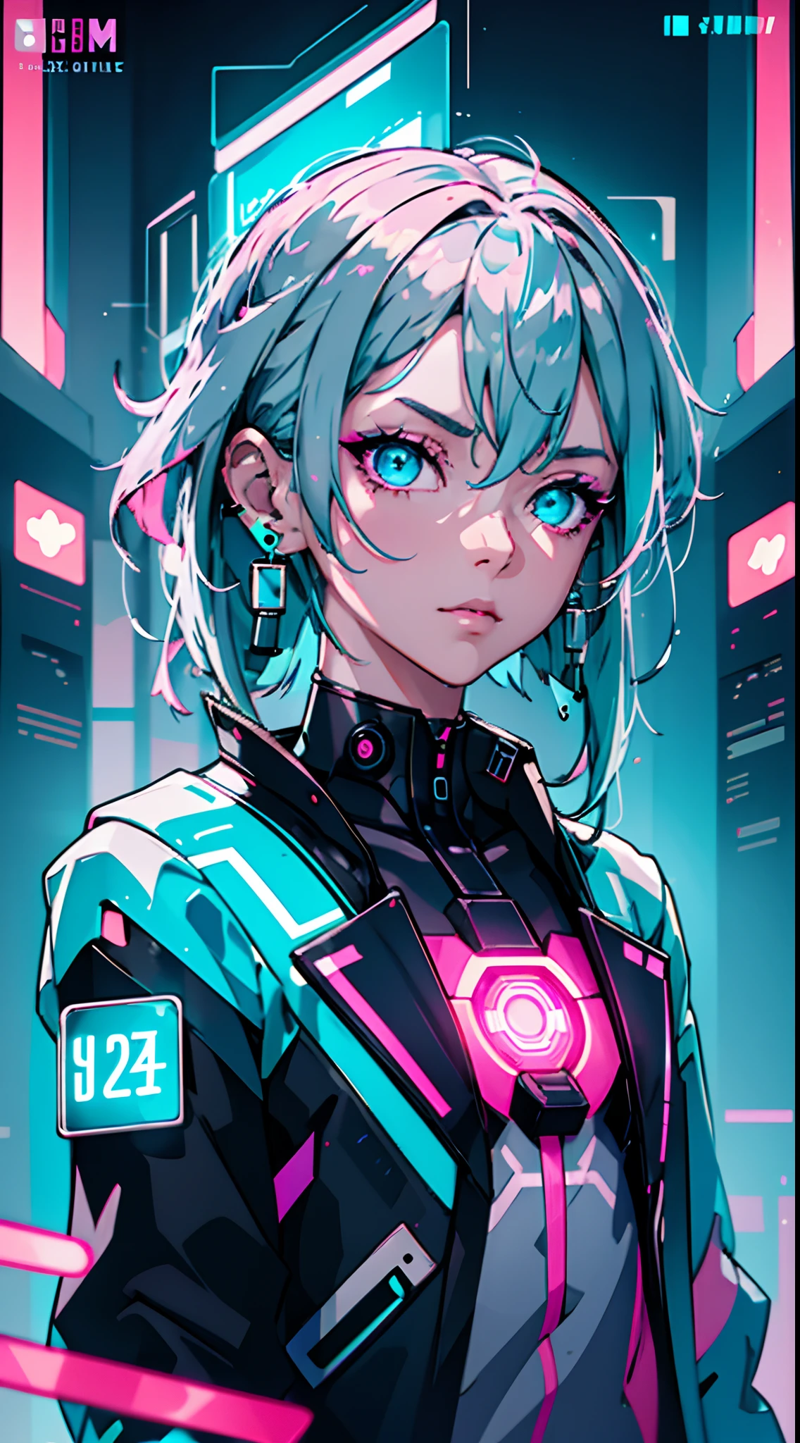 (masterpiece, best quality, night, silver hair:1.4), (cowboy shot:1.8), 8k, absurdres, beautiful girl, (wearable computer:1.6), cyberpunk, cyber goth, (cyberpunkoutfit, fluorescence pink accent, glowing pink lines on short jacket:1.4), neon, bracelets and choker, (glowing, glow, film grain, chromatic aberration:2), (asian shopping district, street, buildings, skyscraper:1.2), makeup, very small mechanical device, (cyan earrings:1.3), sharp focus, dark background, perspective, depth of field, (rain, fog, bleach bypass, HDR, facelight, sharp focus, dynamic lighting, cinematic lighting, professional shadow, extreme detailed, finely detail, real skin:0.8), (detailed eyes, sharp pupils, realistic pupils, dark back ground:0.6), (glitch effect:0.6)