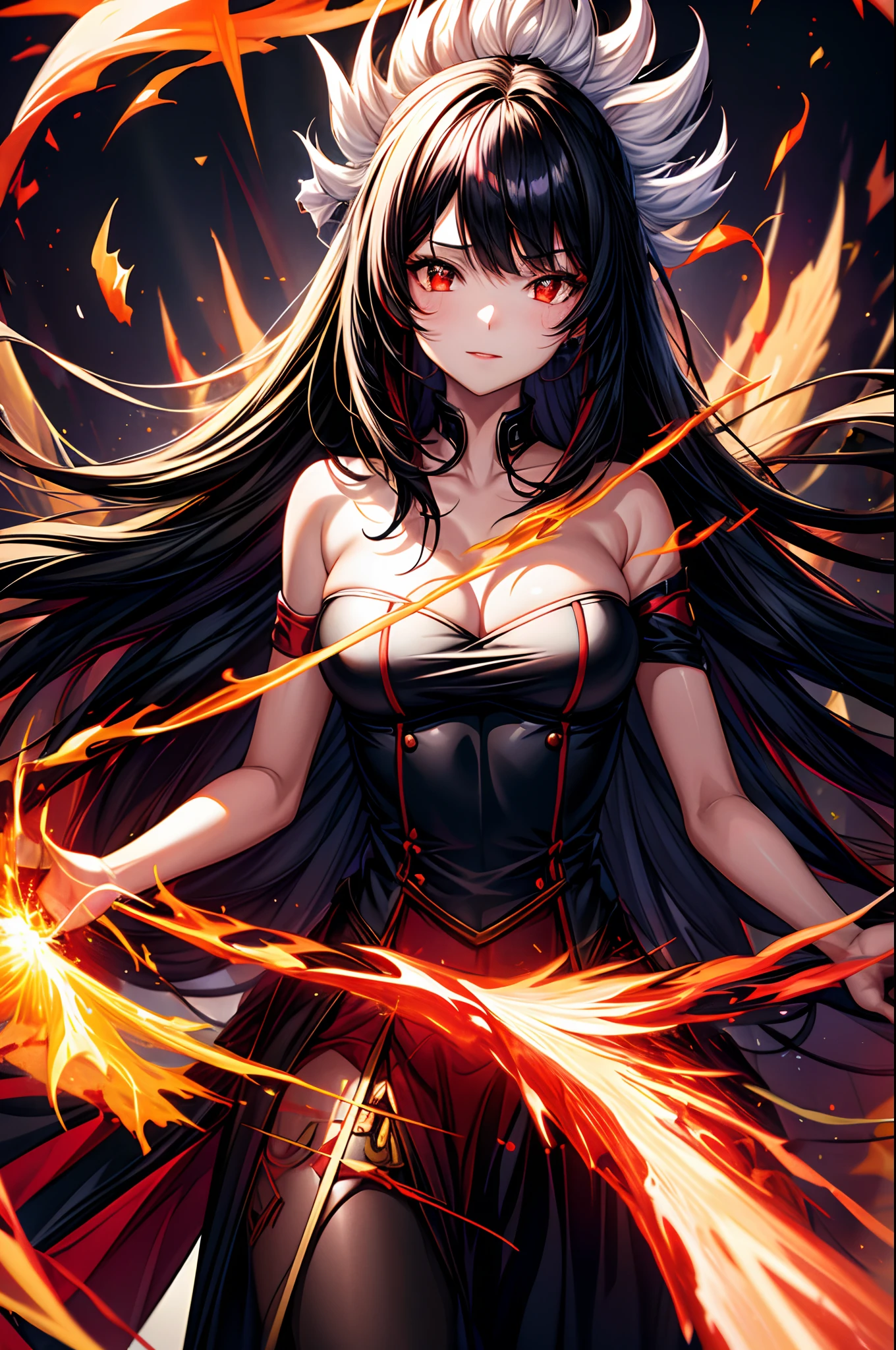 1girl, black hair, red eyes, fire witch, blood, light particles, light rays, wallpaper, high contrast, colorful