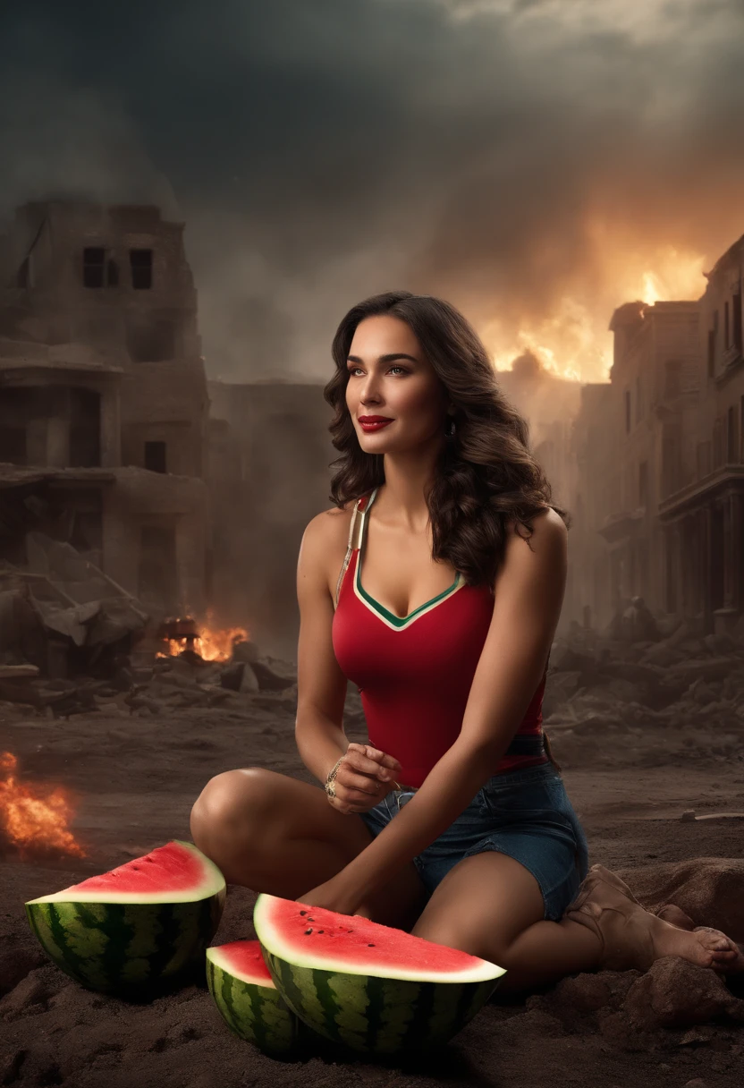 Very realistic depiction of a dol gadot wonder women, sitting by eating a watermelon, smile, ((dry teardrops)),((destroyed city background, fire, ((human corpses on the ground)), some people crying, destroyed buildings)) , holding a watermelon, (((he looks at the watermelon and smiles slightly))), very detailed, dynamic colors, black and gray colors, super emotional picture , with a very dark background and surrounded by dark smoke swirling- turn. The image should be in a gorgeous 16:9 format.”