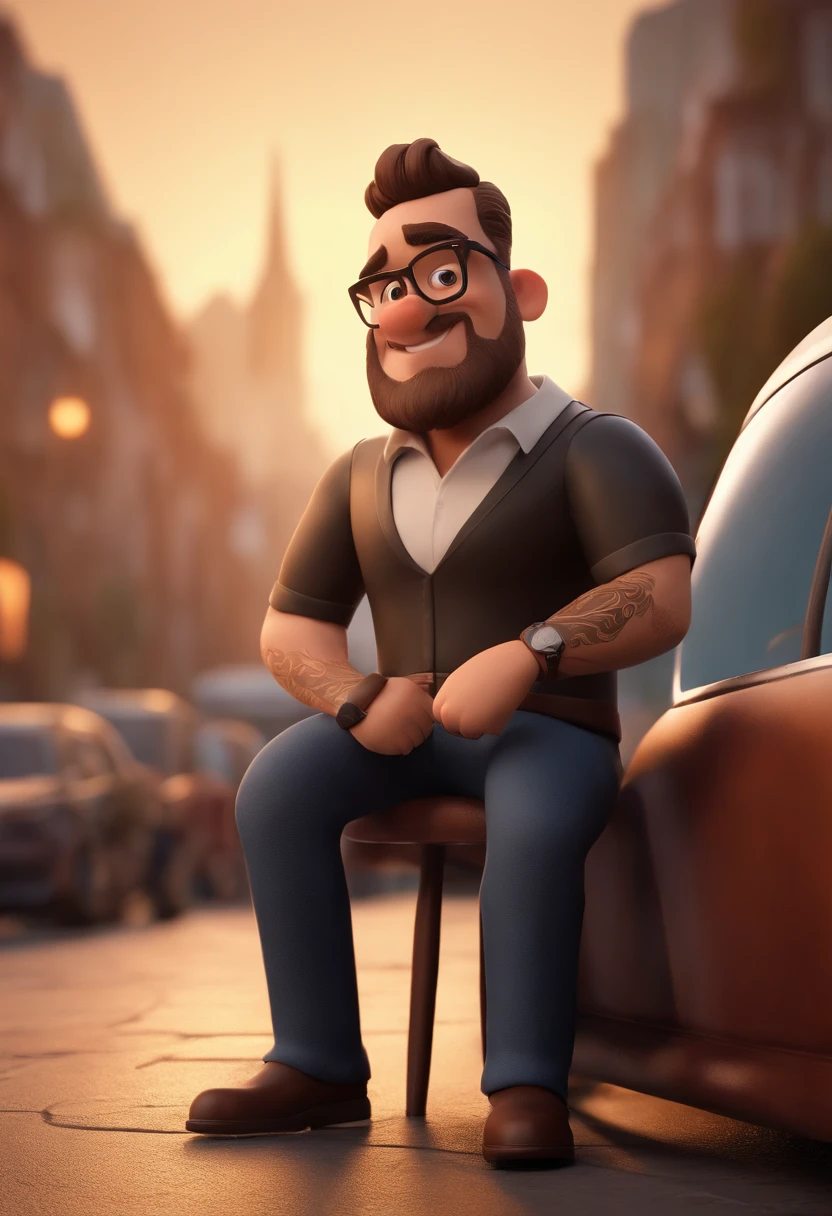 Cartoon character of a man with black glasses and a black polo shirt, cabelo liso, With beard and old school tattoo on his arm, animation character, Caractere estilizado, animation style rendering, 3D estilizado, Arnold Maya render, 3 d render stylized, toon render keyshot, Personagem 3D, Personagem 3D, 3d rendering stylized, 3 d character render, personagem de desenho animado, Personagem de close up, Pose de personagem, (Estilo Pixar) (master part:1.2) (Bokeh) (best quality) (pele detalhada) (textura detalhada) (8k) (argila) (Cinematic lighting) (foco nítido