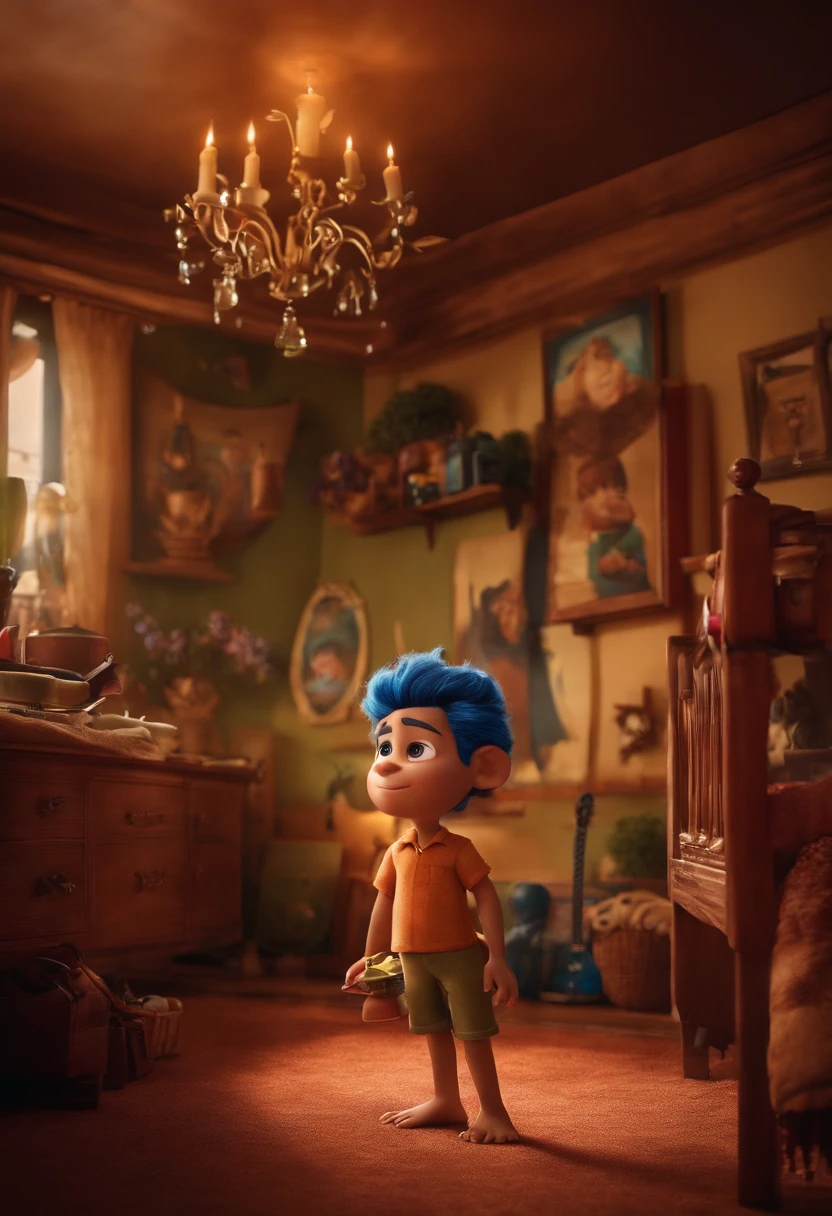 Criar foto estilo pixar de crianca com 8 anos de idade, feliz. Handsome, alto, de cor branca, cabelos e olhos castanhos