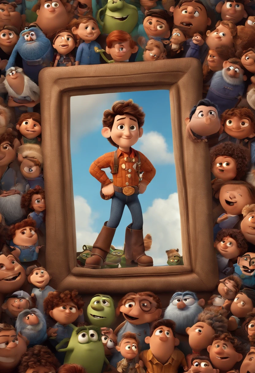 Criar foto estilo pixar de crianca com 8 anos de idade, feliz. Handsome, alto, de cor branca, cabelos e olhos castanhos