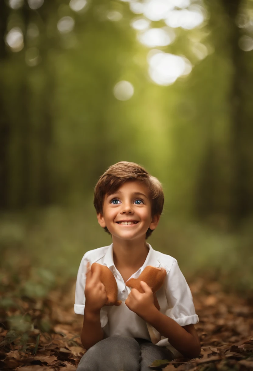 Criar foto estilo pixar de crianca com 8 anos de idade, feliz. Handsome, alto, de cor branca, cabelos e olhos castanhos