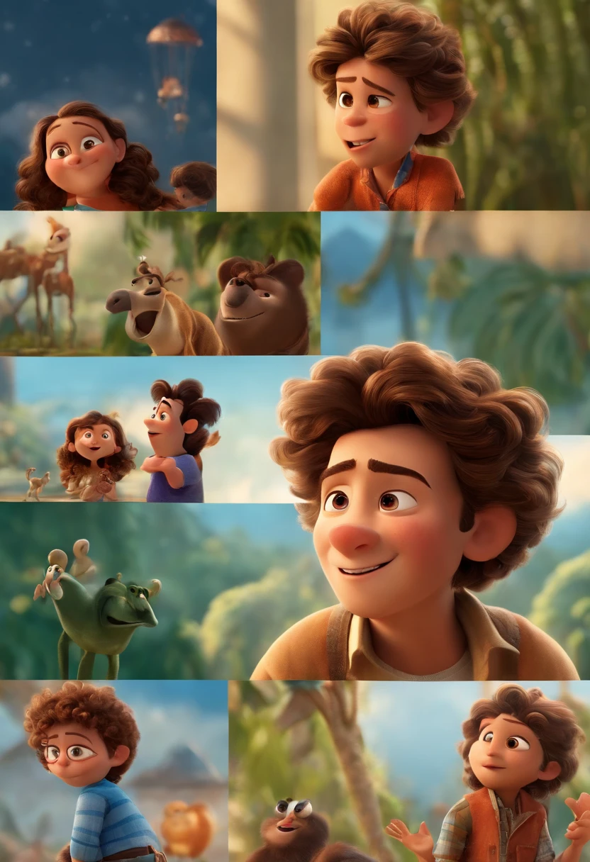 Criar foto estilo pixar de crianca com 8 anos de idade, feliz. Handsome, alto, de cor branca, cabelos e olhos castanhos