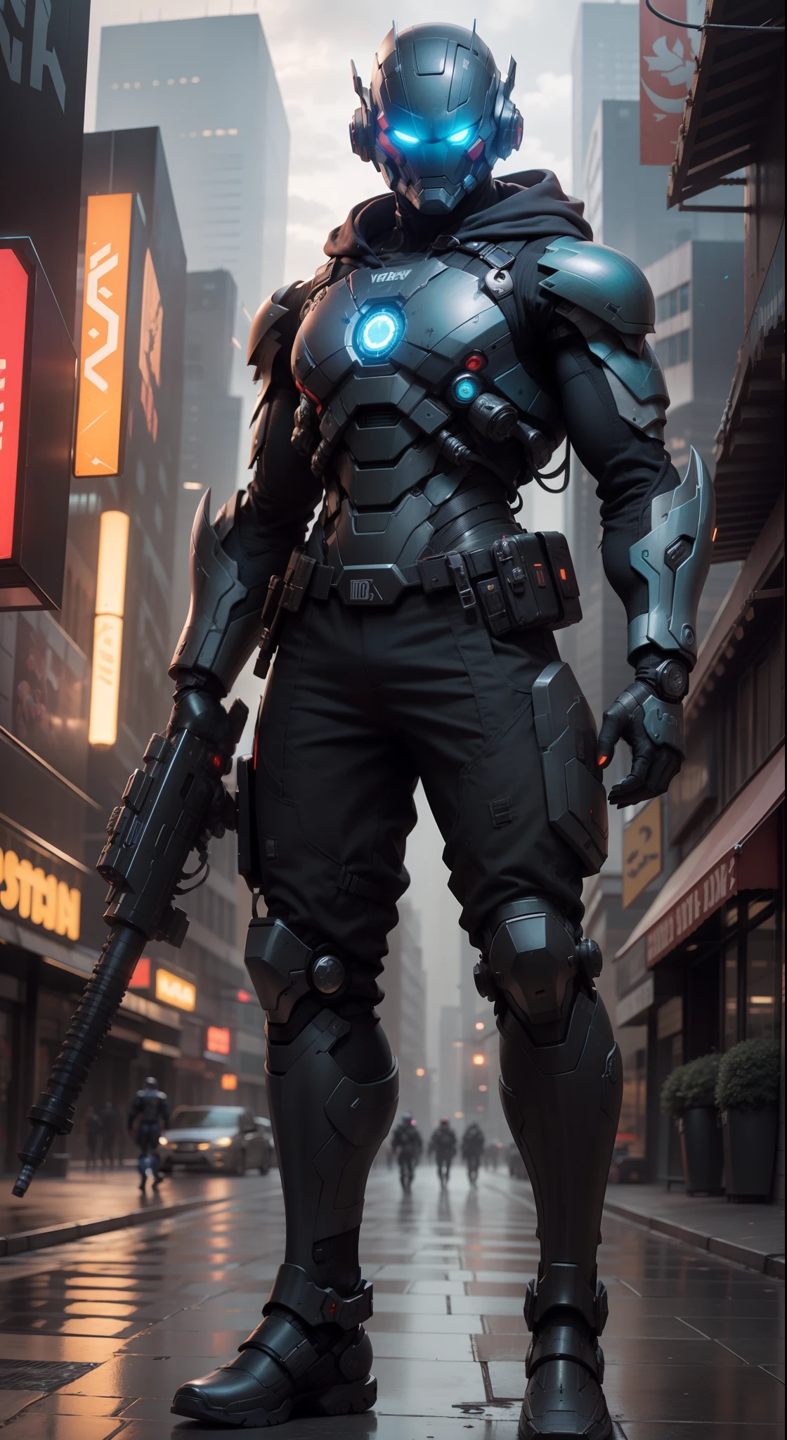 Fullbody view android like a mix of Netflix Ultraman, pacific rim Jaeger and marvel's warmachine in full darkcyan color, with a black and hi-tech visor, and a lightsaber in right hand at the futuristic city, hype realistic, 8k, complex and real design