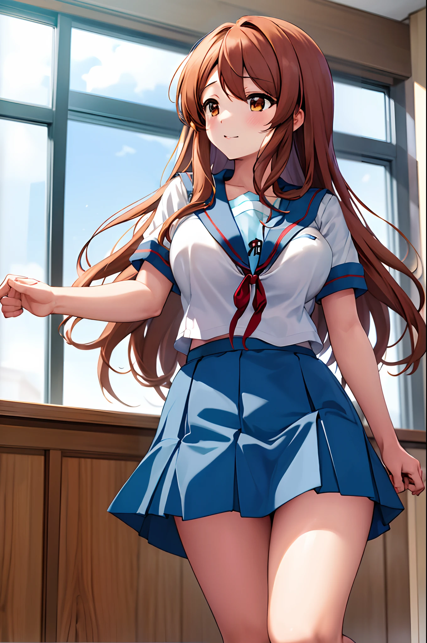 masterpiece, best quality, highres, mikuru1, 1girl, asahina mikuru, long hair, kita high school uniform, solo, blue sailor collar, sailor collar, serafuku, blue skirt, skirt, short sleeves, red ribbon, large breasts,