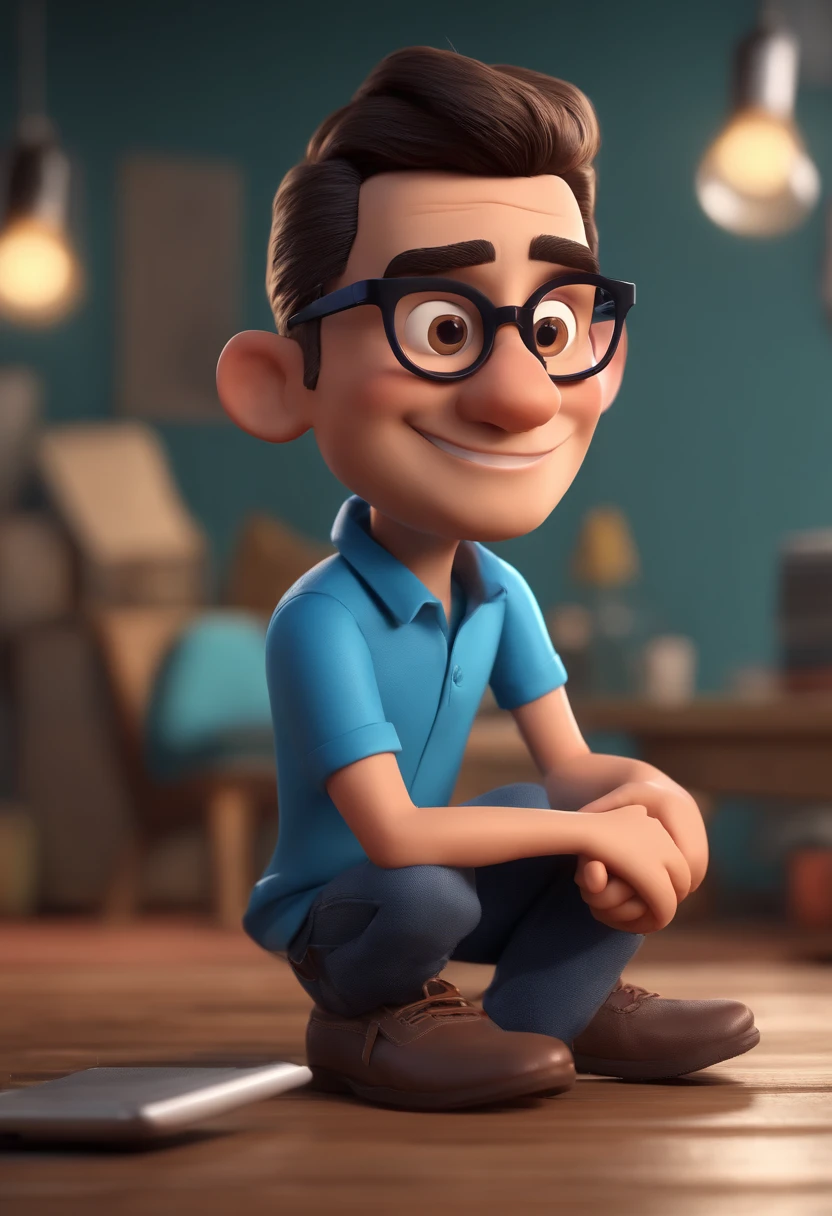 Cartoon character of a man with black glasses and a blue shirt, animation character, Caractere estilizado, animation style rendering, 3D estilizado, Arnold Maya render, 3 d render stylized, toon render keyshot, Personagem 3D, Personagem 3D, 3d rendering stylized, 3 d character render, personagem de desenho animado, Personagem de close up, Pose de personagem, (Estilo Pixar) (master part:1.2) (Bokeh) (best quality) (pele detalhada) (textura detalhada) (8k) (argila) (Cinematic lighting) (foco nítido