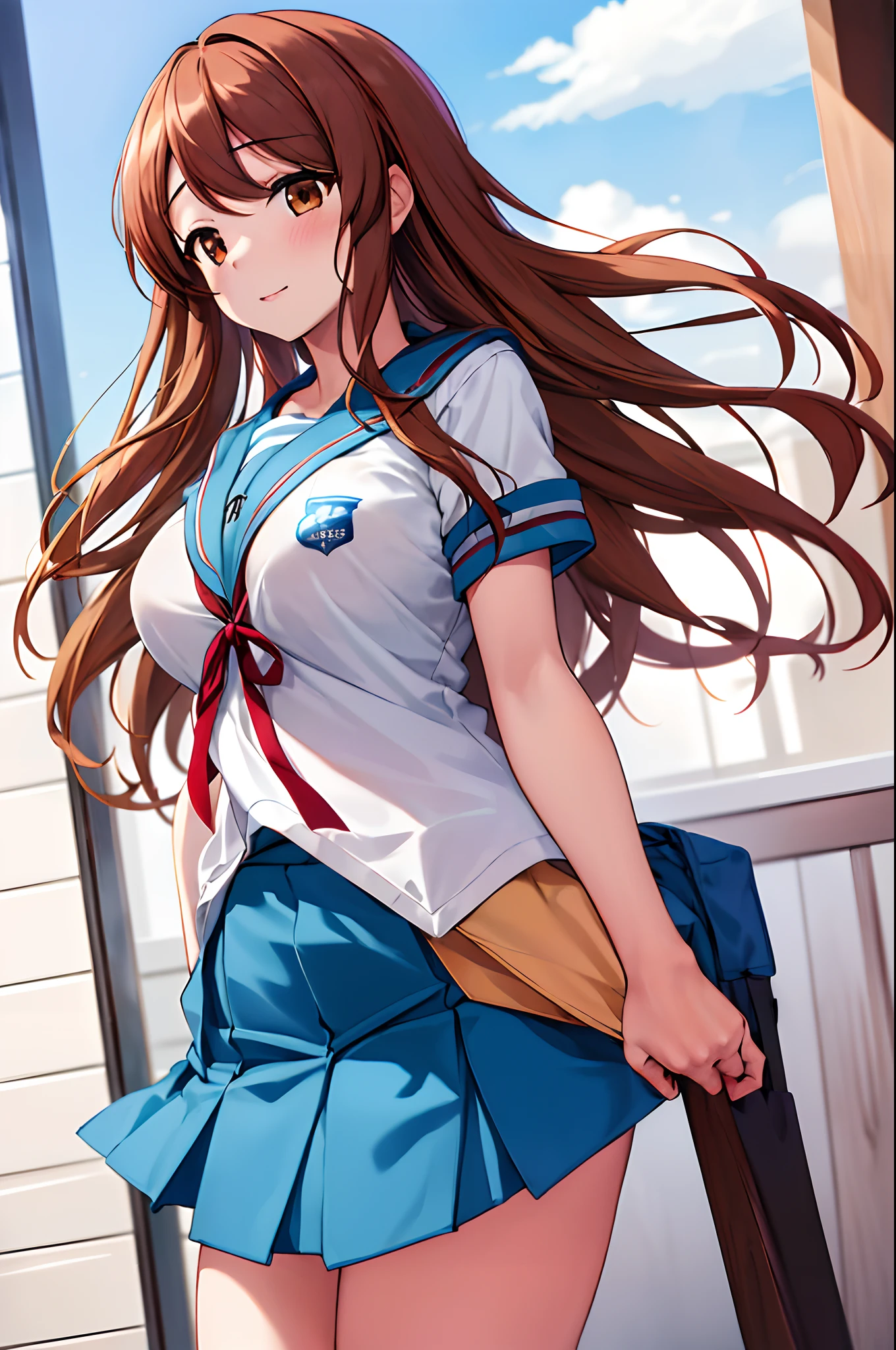 masterpiece, best quality, highres, mikuru1, 1girl, asahina mikuru, long hair, kita high school uniform, solo, blue sailor collar, sailor collar, serafuku, blue skirt, skirt, short sleeves, red ribbon, large breasts,