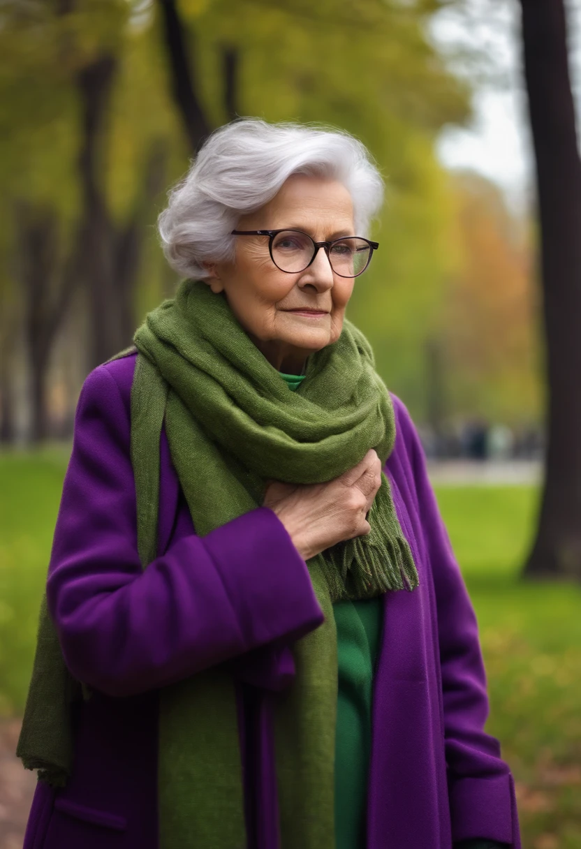 masterpiece, best quality, an old woman with glasses and a scarf on, wearing a purple coat and green scarf, standing at the park