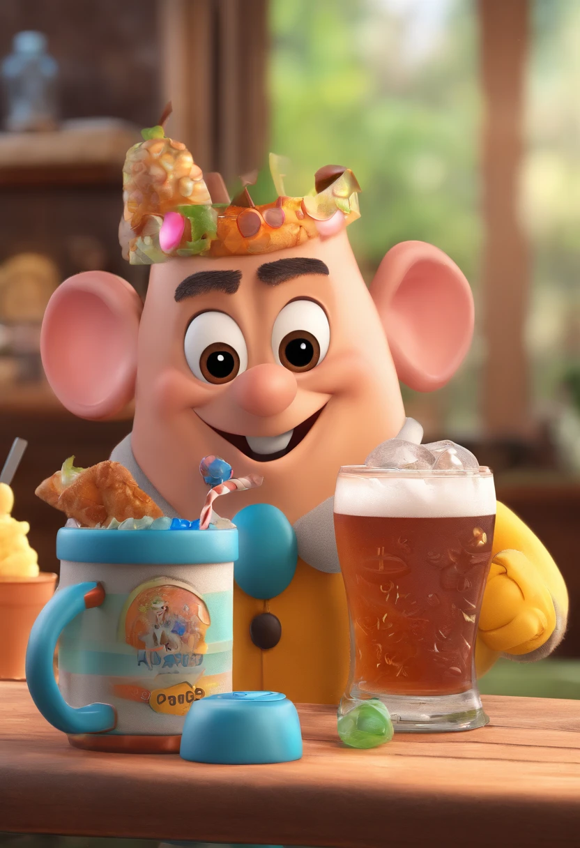 Imagem estilo disney pixar de personagem consumindo chopp bebida alcoolica feliz