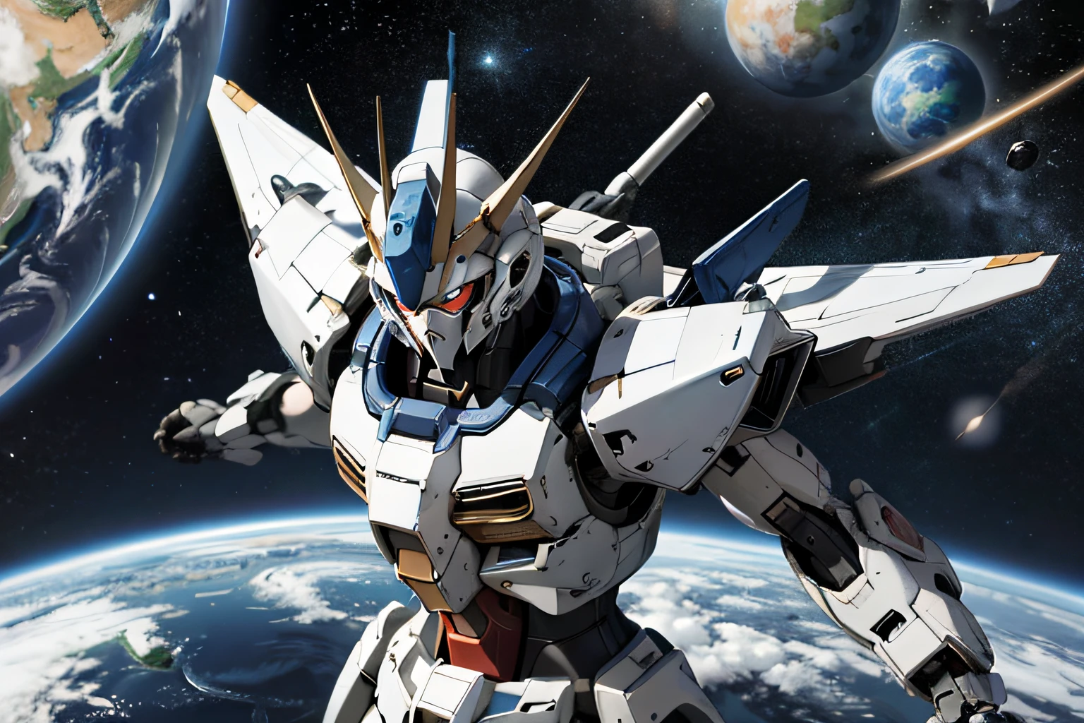 Gundam with a blue and white body、Fly in outer space。Earth with stars on background、