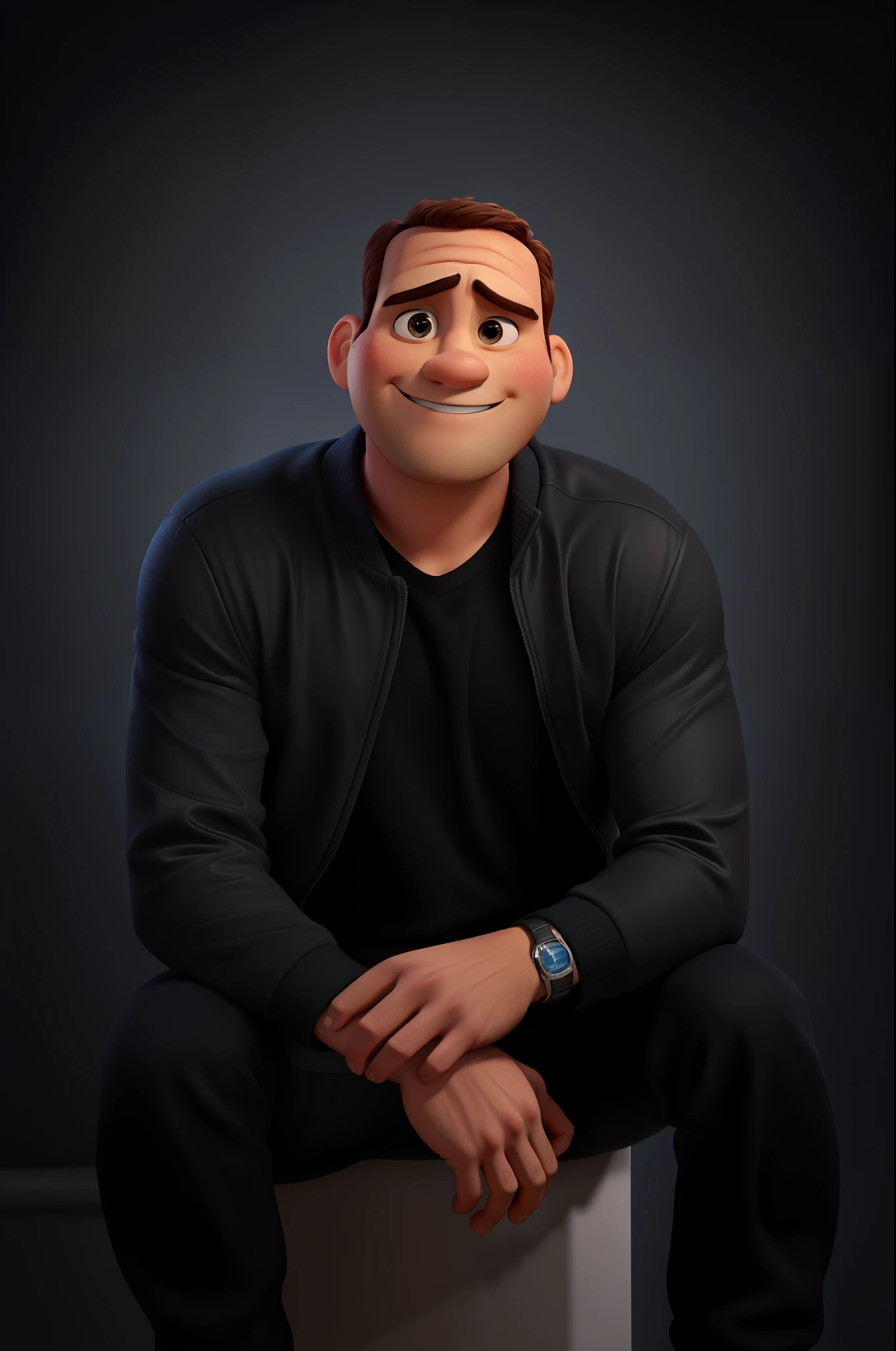 poster no estilo disney pixar, homem branco, sentado, Looking straight into the camera, sorrindo, careca, round head.