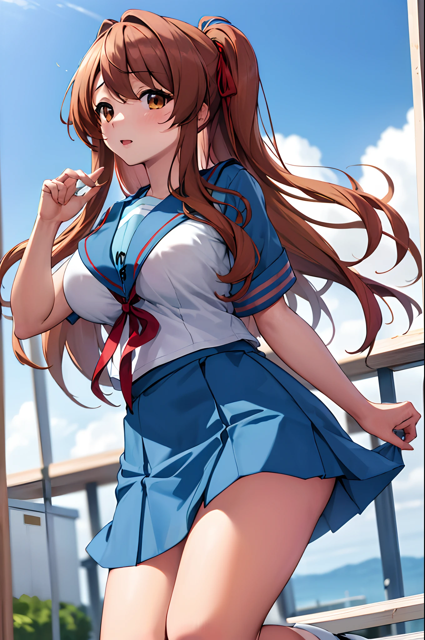 masterpiece, best quality, highres, mikuru1, 1girl, asahina mikuru, long hair, kita high school uniform, solo, blue sailor collar, sailor collar, serafuku, blue skirt, skirt, short sleeves, red ribbon, large breasts,