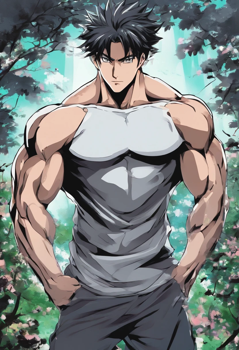 personagem masculino com cabelo longe preto olhos pretos corpo musculos 14 anos roupa toda preta na floresta