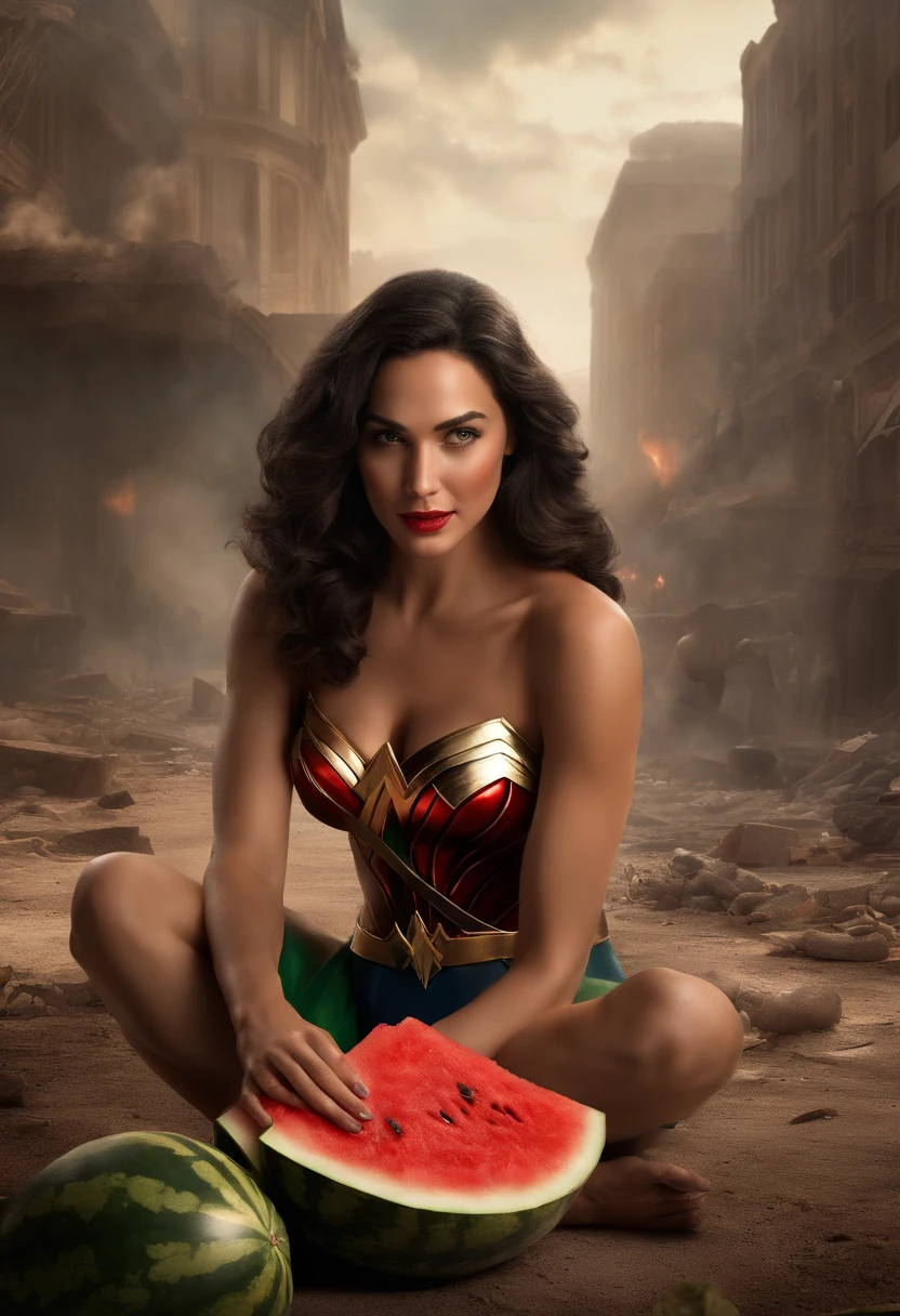 Very realistic depiction of a dol gadot wonderwoman, sitting by eating a watermelon, smile, ((dry teardrops)),((destroyed city background, fire, ((human corpses on the ground)), some people crying, destroyed buildings)) , holding a watermelon, (((he looks at the watermelon and smiles slightly))), very detailed, dynamic colors, black and gray colors, super emotional picture , with a very dark background and surrounded by dark smoke swirling- turn. The image should be in a gorgeous 16:9 format.”