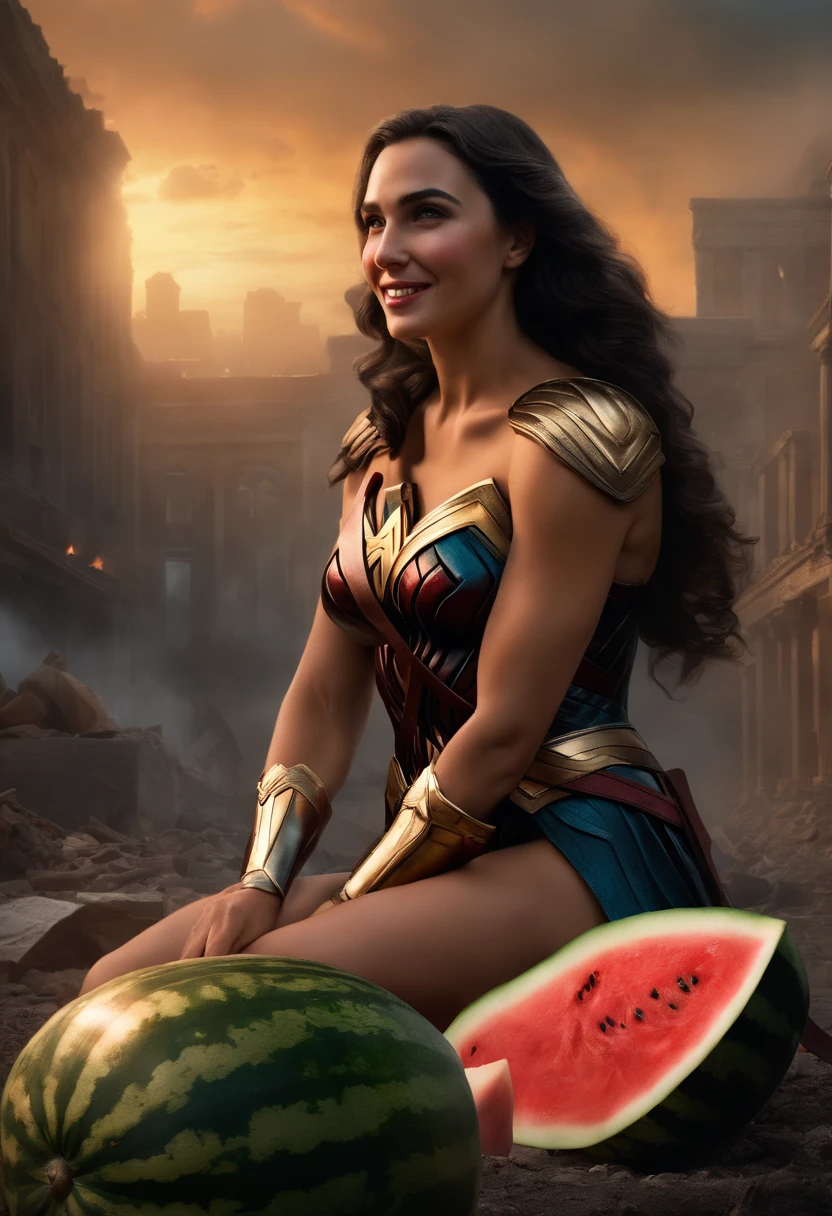 A very realistic depiction of Dol Gadot's Wonder Woman, sitting eating watermelon, smiling, ((dry teardrops)),((background of destroyed city, fire, ((human corpses on the ground)), several people crying, destroyed buildings) ), holding a watermelon, (((he eats the watermelon and smiles a little))), very detailed, dynamic colors, black and gray colors, super emotional picture, with a very dark background and surrounded by swirling dark smoke. The image should be in a beautiful 16:9 format.”