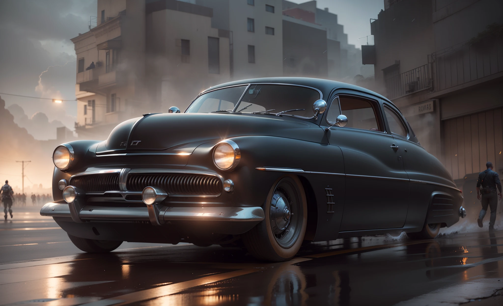 Necessidade de velocidade, Mercury 1949 preto, correndo pela rua molhada, quase, spreading water on the street, hyper realistic, motion blur, blurry background, altamente detalhado, divine proportion, (((Enquadrado))), perfect composition, perfect lighting, octan render, 8k, Artistic photography, trending on ArtStation, foco nítido, Studio photo, detalhes intrincados, altamente detalhado, Directed by: Greg Rutkowski