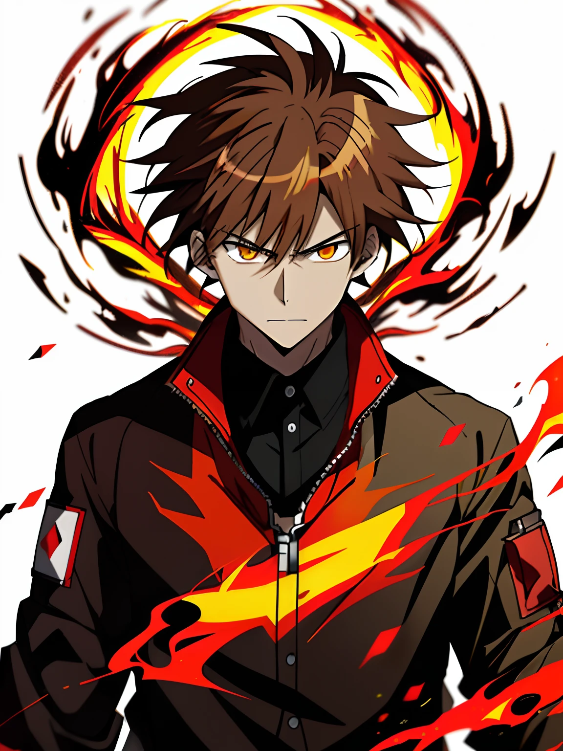 Anime characters with brown hair in a black shirt,Red jacket and yellow flame, key anime art, Hajime Yatati, male anime character