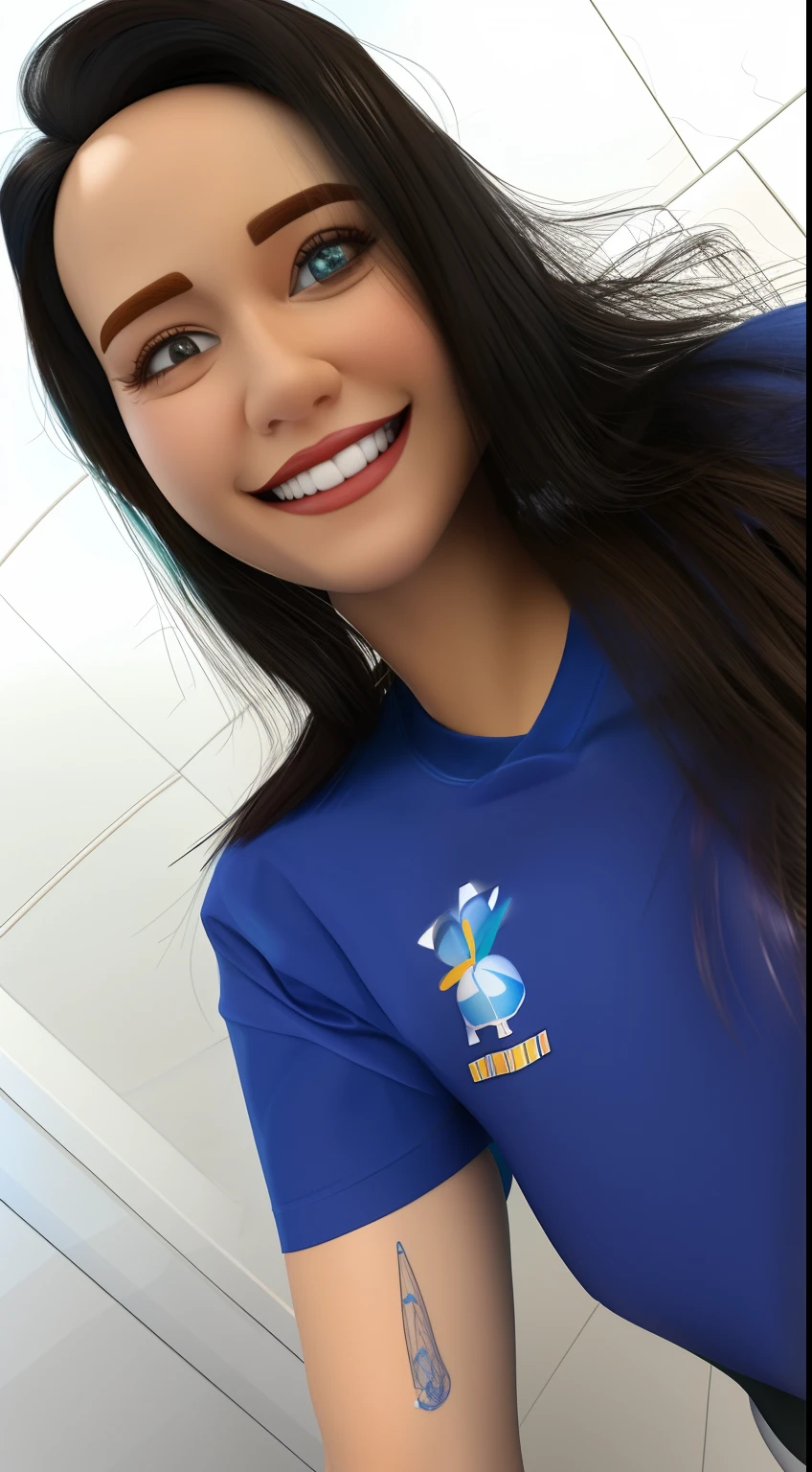 Transformar a imagem acima em um desenho estilo pixar 3d, mulher sorrindo, cabelo comprido e camiseta azul