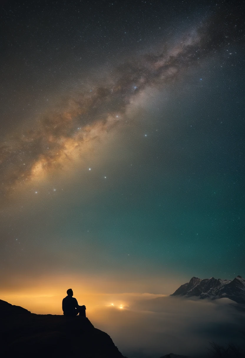 a sad person sitting on the mountain and see stars