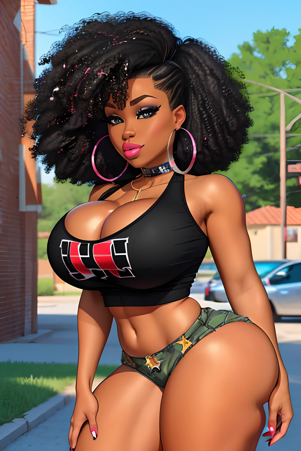 black hair styled in a big afro, (confederate flag crop top:0.8), wide hips, thick thighs, detailed, high resolution, masterpiece, (hyper thick lips:1.2), (ThePit Bimbo:1.1), (African woman:1.1), (hoop earrings:1.0), denim booty shorts