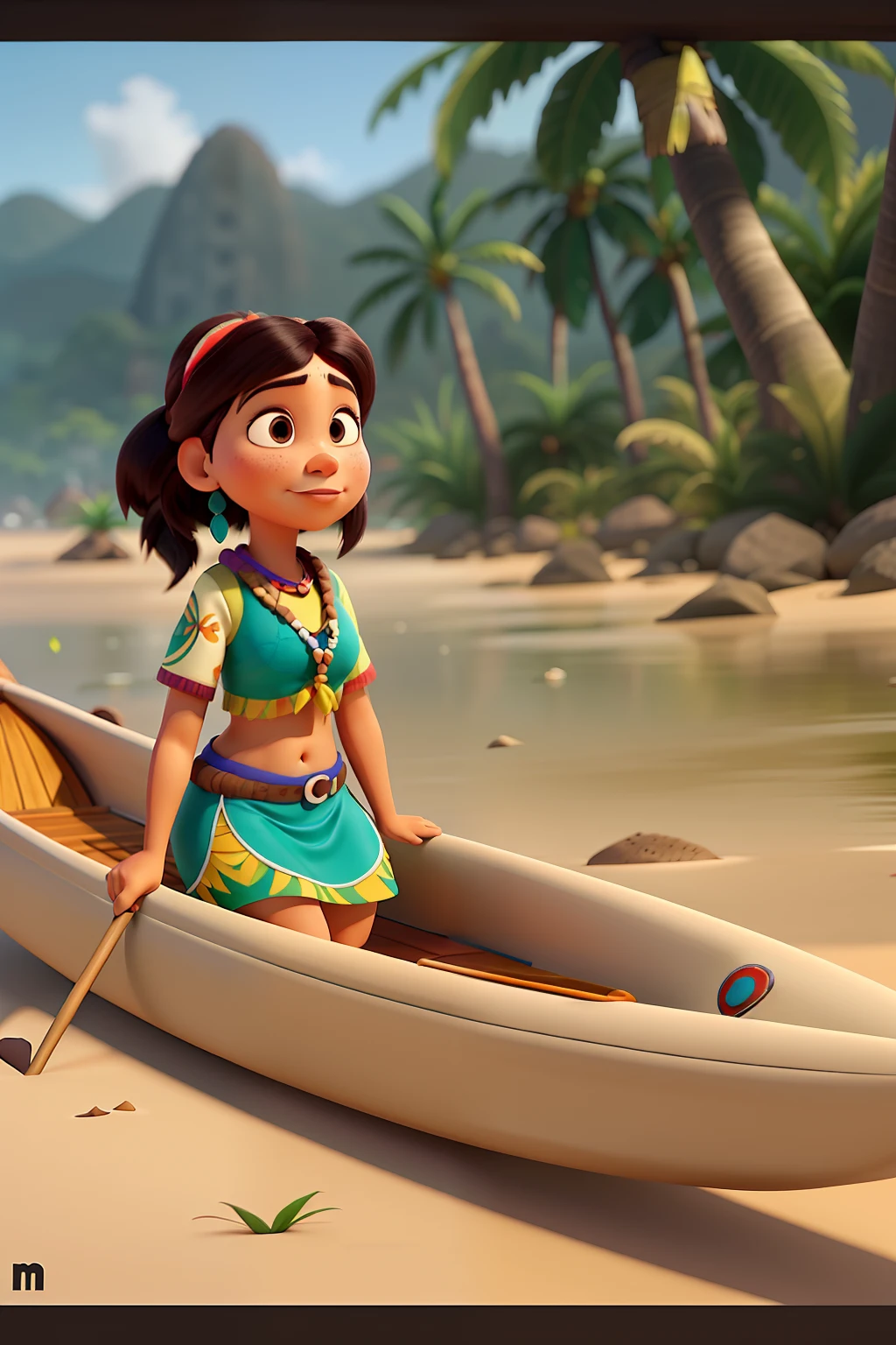 Pixar-style image of an indigenous woman, em uma canoa, em um rio e com a floresta em volta