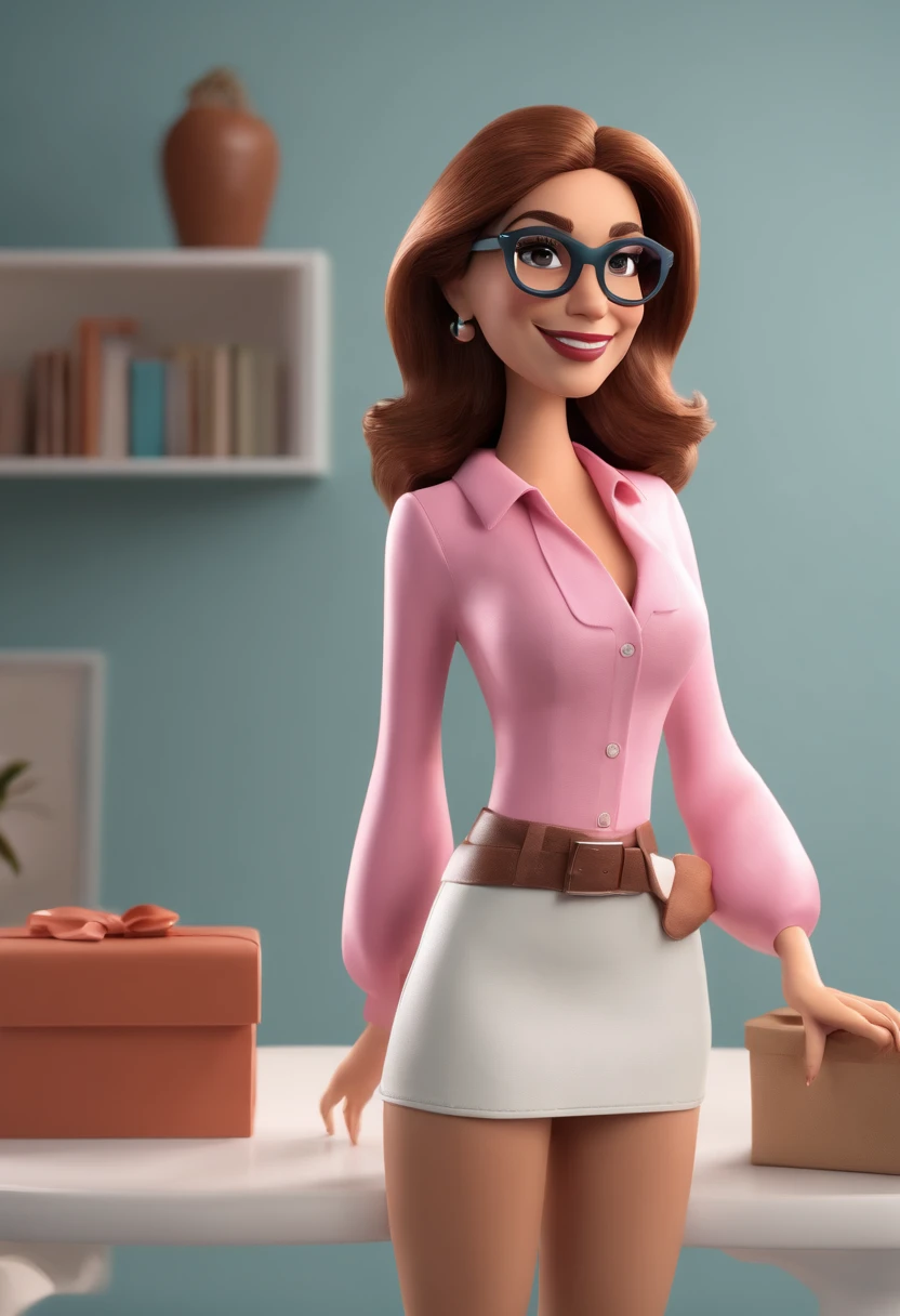 Cartoon character of a woman wearing transparent glasses and a pink blouse,idade 27 anos, pele clara ,cabelo loiro claro, personagem animado, Caractere estilizado, animation style rendering, 3D estilizado, Arnold Maya render, 3 d render stylized, toon render keyshot, Personagem 3D, Personagem 3D, 3d rendering stylized, 3 d character render, personagem de desenho animado, Personagem de close up, Pose de personagem, (Estilo Pixar) (master part:1.2) (Bokeh) (best quality) (pele detalhada) (textura detalhada) (8k) (argila) (Cinematic lighting) (foco nítido,Senta e vaza a parte superior do corpo