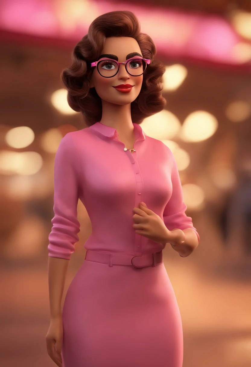 Cartoon character of a woman wearing transparent glasses and a pink blouse,idade 27 anos, pele clara ,cabelo loiro claro, personagem animado, Caractere estilizado, animation style rendering, 3D estilizado, Arnold Maya render, 3 d render stylized, toon render keyshot, Personagem 3D, Personagem 3D, 3d rendering stylized, 3 d character render, personagem de desenho animado, Personagem de close up, Pose de personagem, (Estilo Pixar) (master part:1.2) (Bokeh) (best quality) (pele detalhada) (textura detalhada) (8k) (argila) (Cinematic lighting) (foco nítido,Senta e vaza a parte superior do corpo