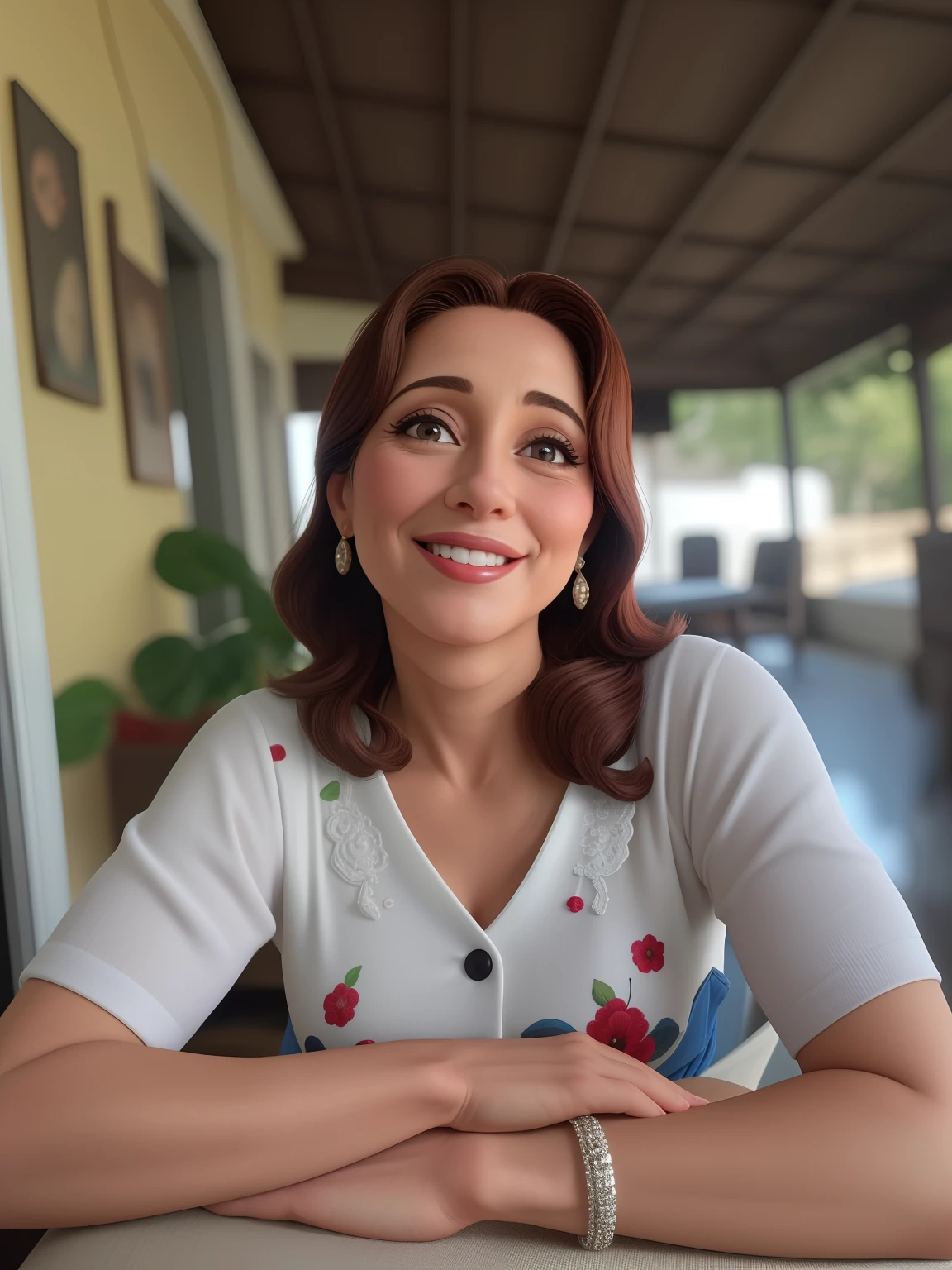 Mulher bonita de 50 anos , com sorriso encantador, cabelos enrolandos ruivos, olhos castanhos escuros , pele branca, rosto fino