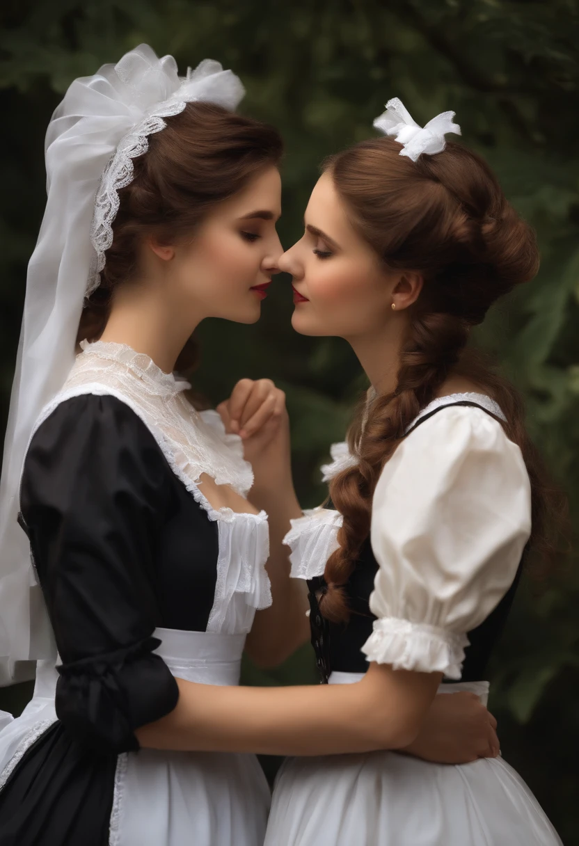 girls maid loving each other, passionately kissing, realistic