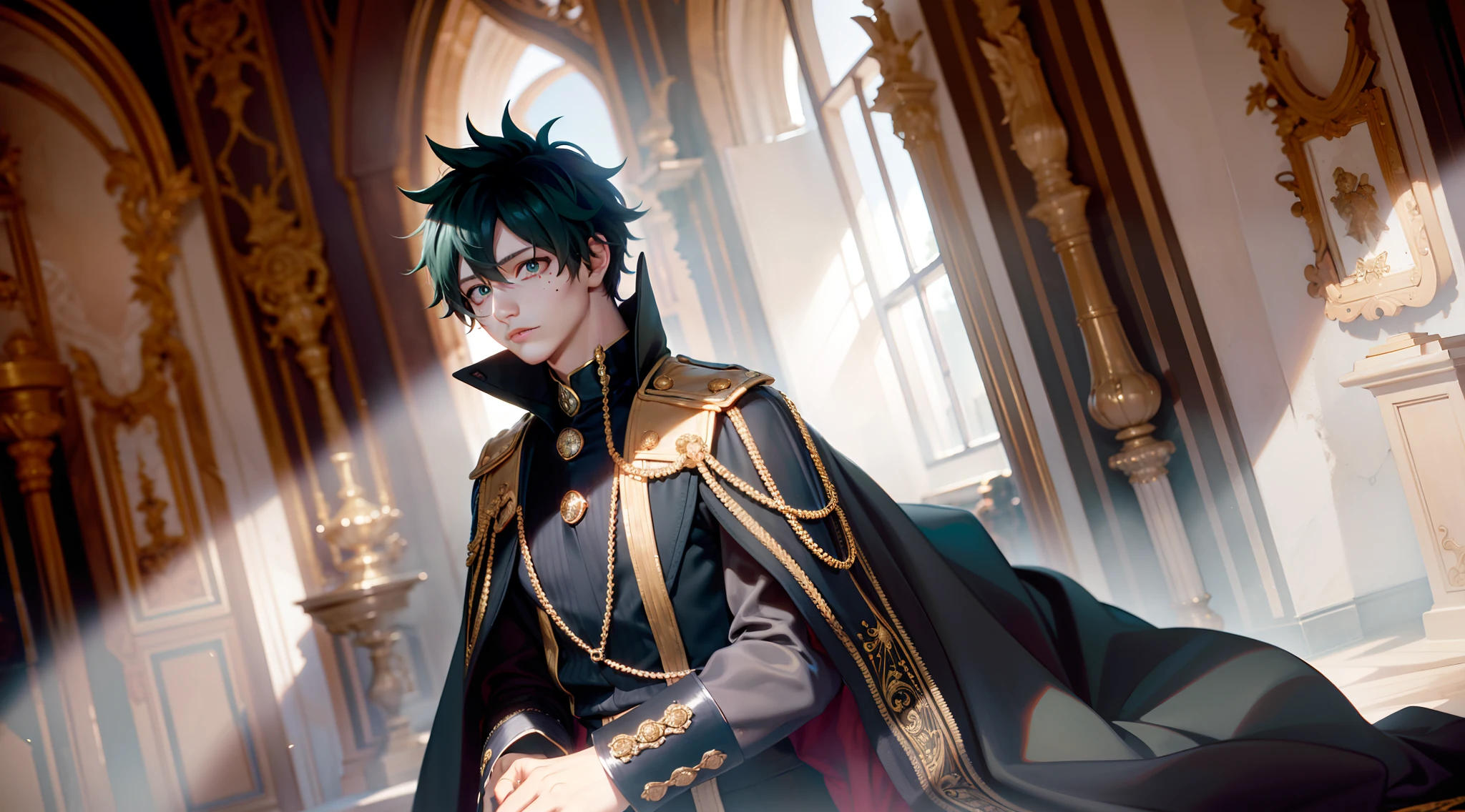 Midoriya Izuku, he is dressed in black prince clothes with gold details, his cape is black and glued to the collar of his costume, his expression is perverse, it is noted that he is in a medieval palace with neutral colors like: black, gray and white. In this palace there are large bright panes of glass, luminous landscape. His eyes are green, his hair very dark green, his waist is thin although he is a grown man, high resolution, masterpiece, focus on the landscape.